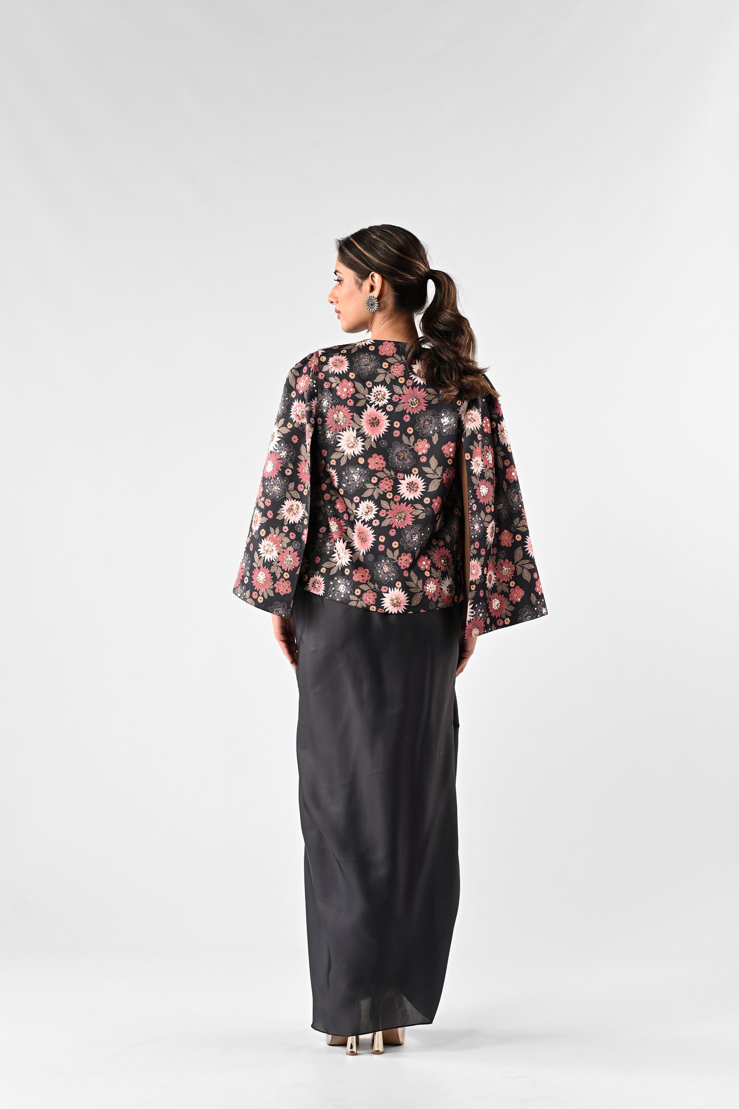 Embellished Printed Cropped Cape with Draped Skirt Set