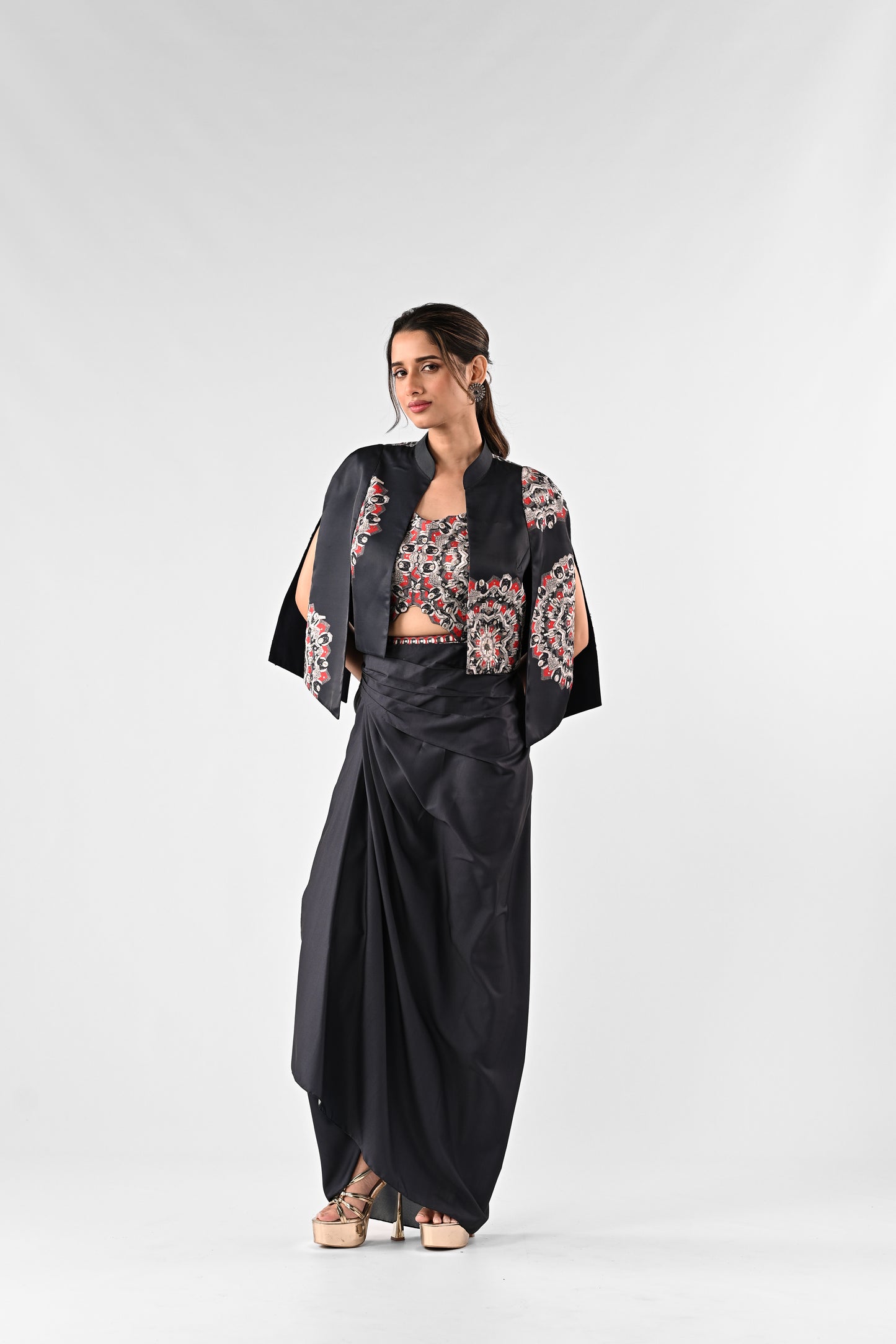 Embellished Printed Cape with Draped Skirt Set