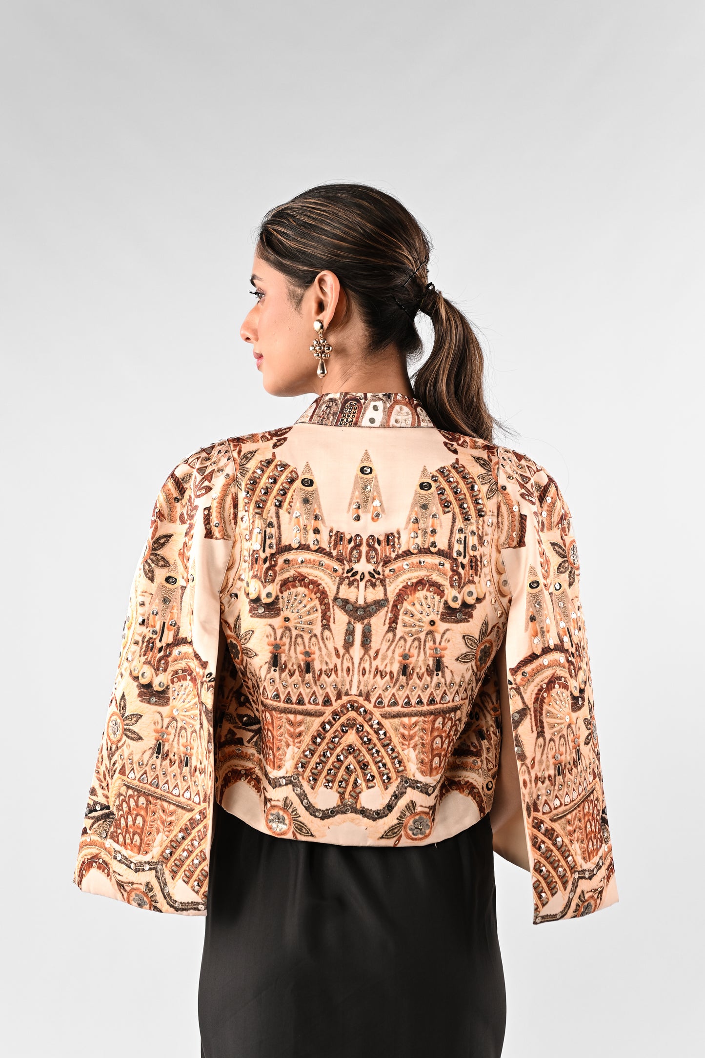 Embellished Printed Cape with Draped Skirt Set