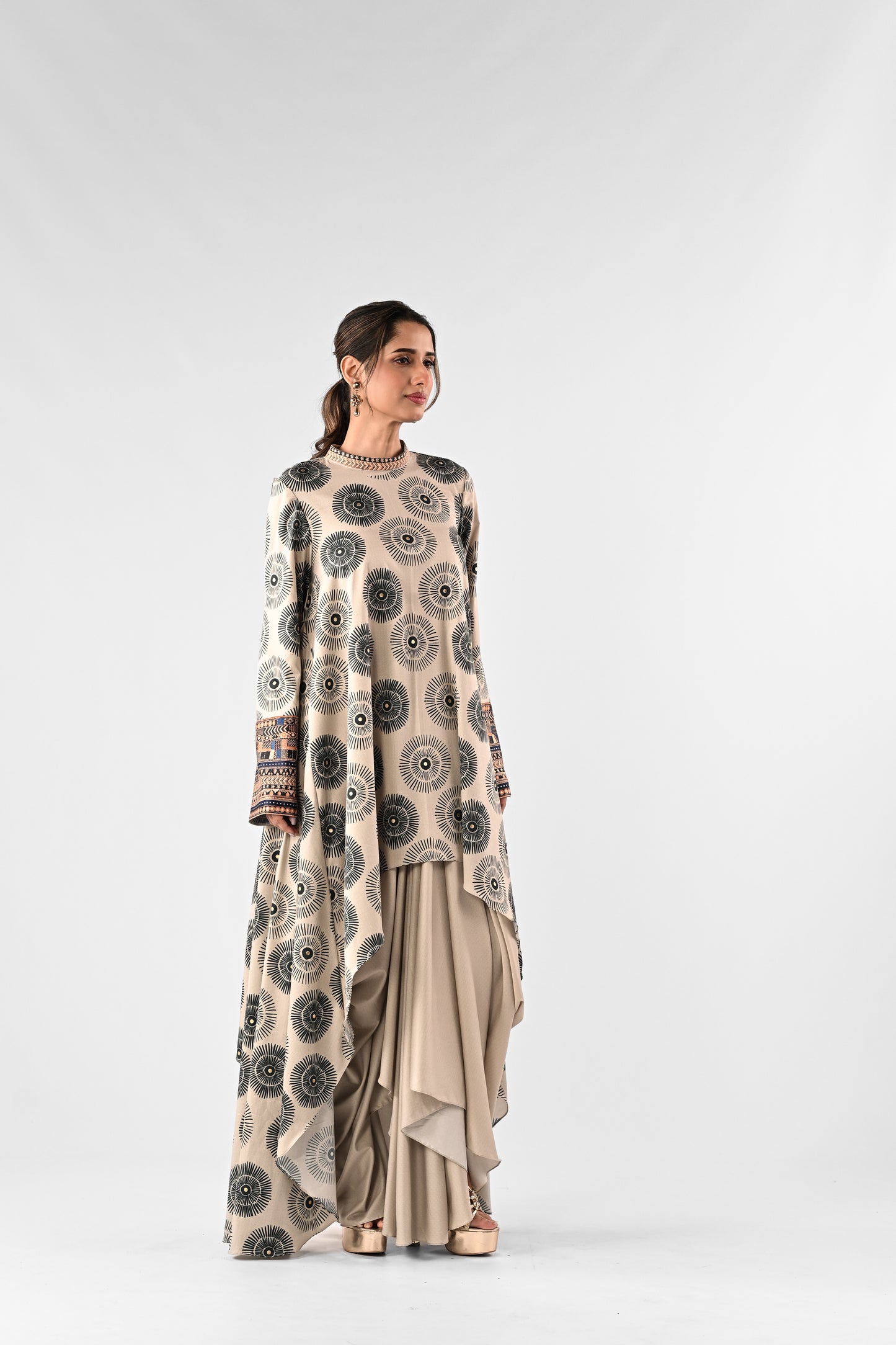 Printed High-Low Top with Draped Skirt Set