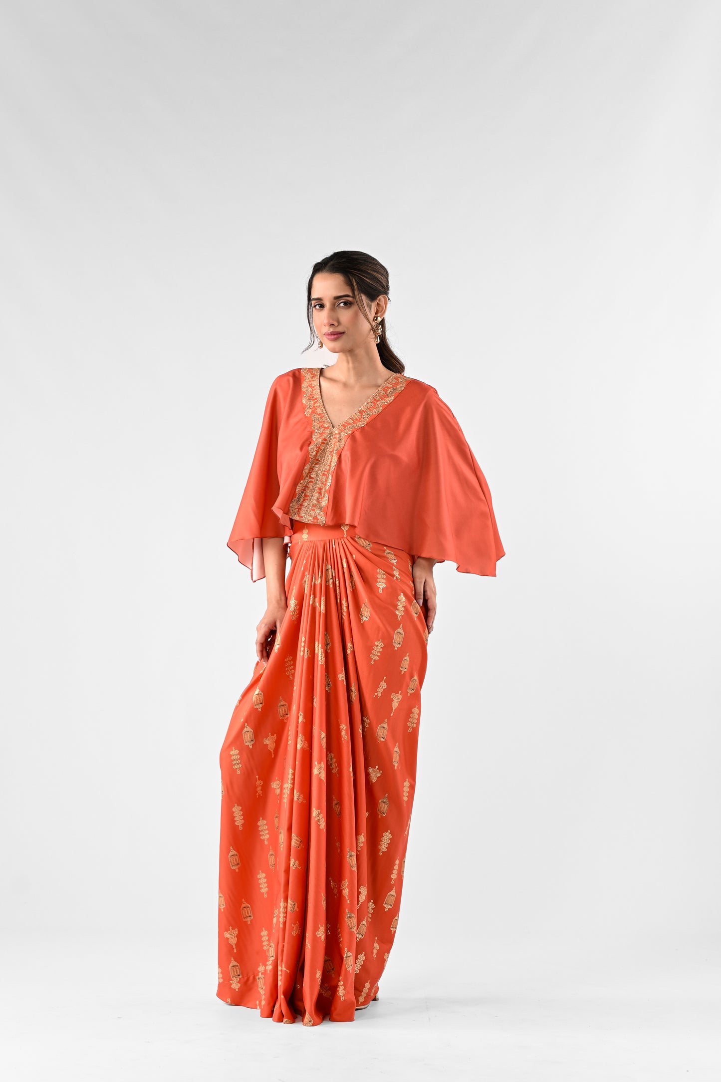 Foil Print Kaftan Top with Draped Skirt Set