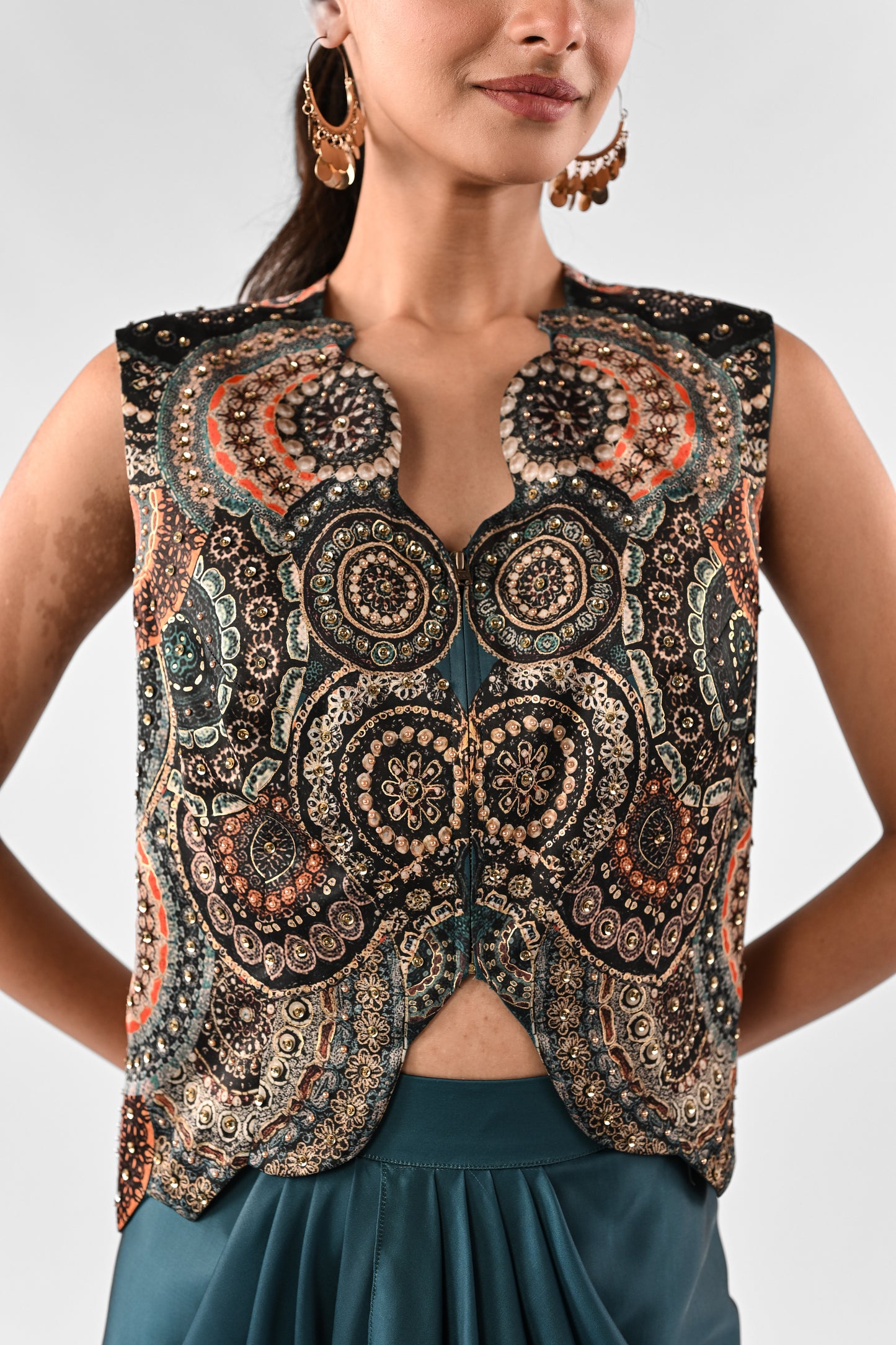 Embellished Foil Printed Cutwork Top with Draped Satin Skirt Set