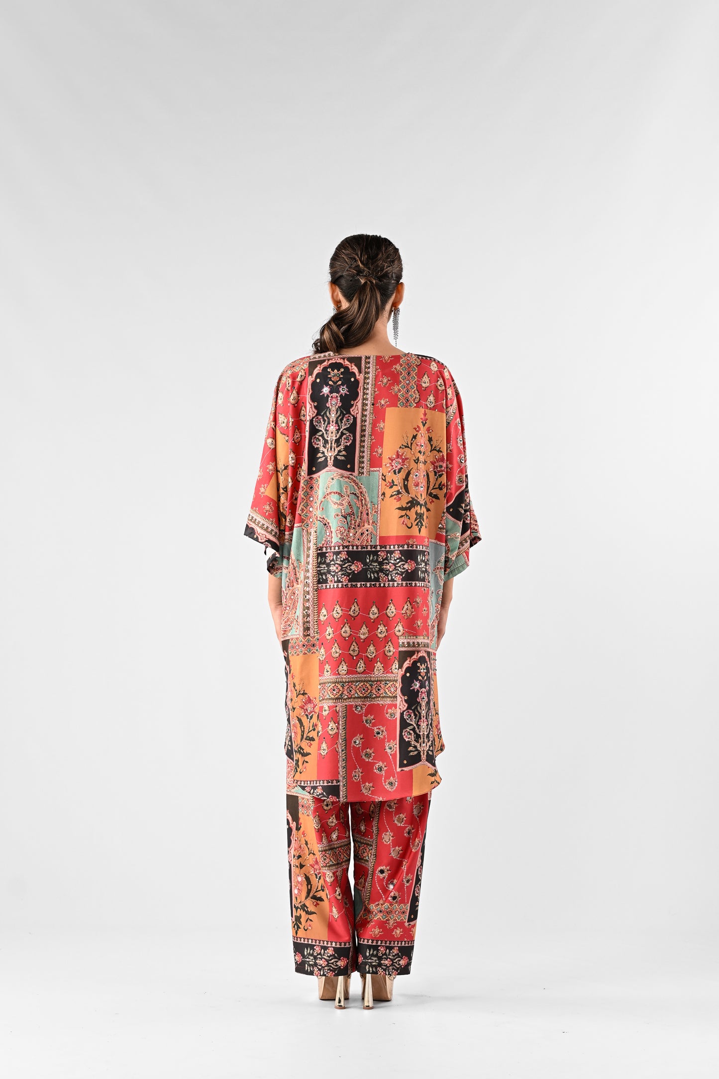 All-Over Printed Modal Satin Kaftan Top with Straight Pants Set
