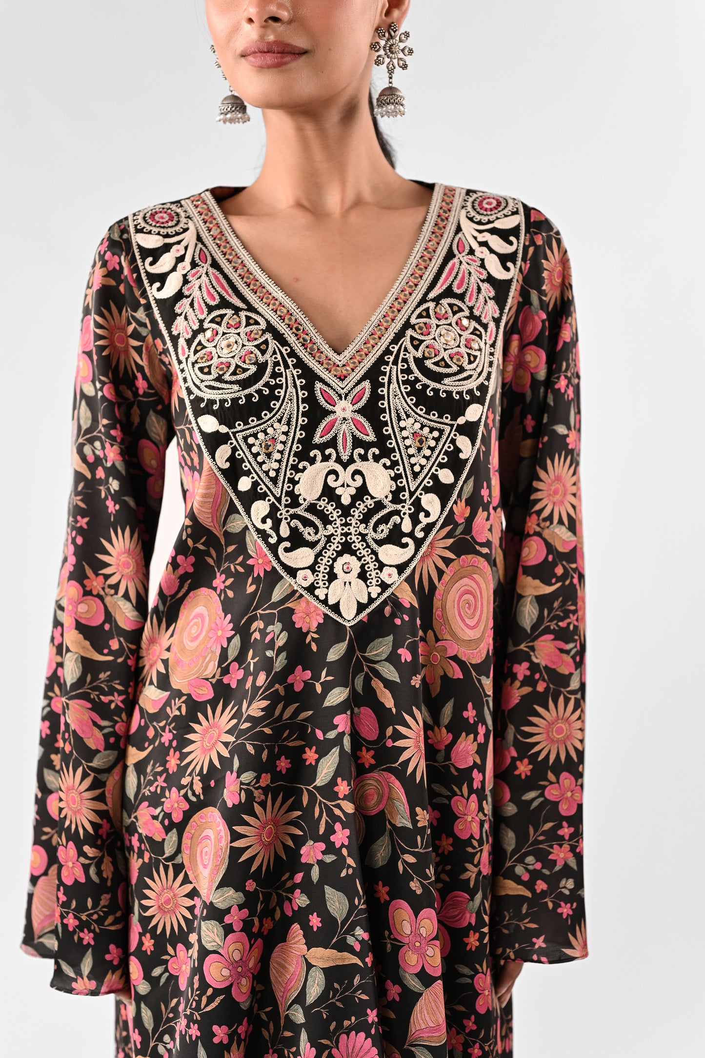 Embroidered Yoke Printed Crepe Top with Draped Satin Skirt Set