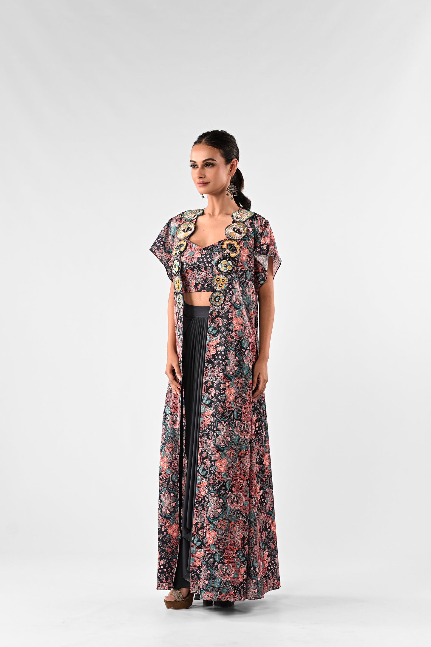 Embellished Printed Cape with Draped Skirt Set