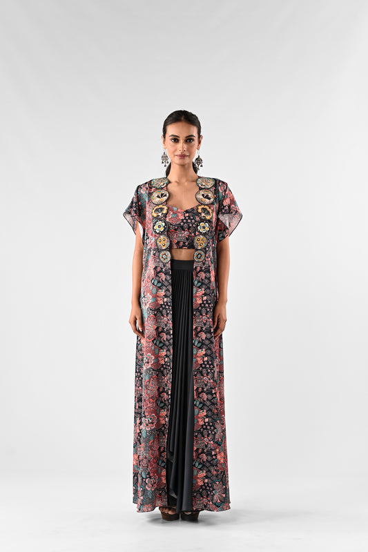 Embellished Printed Cape with Draped Skirt Set