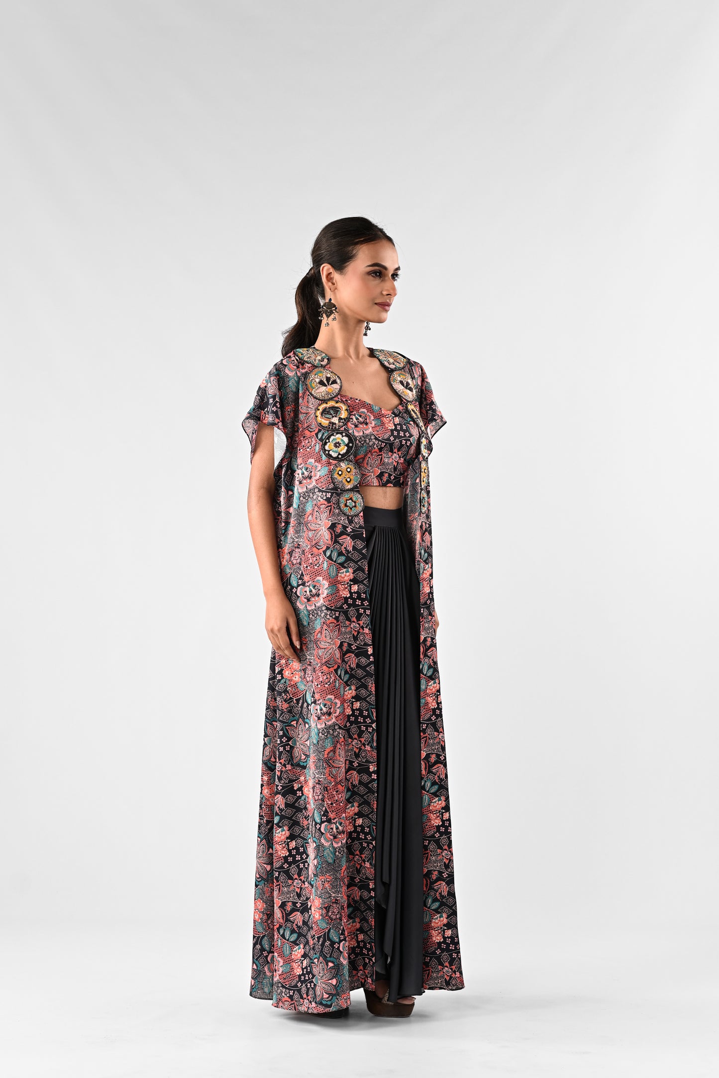 Embellished Printed Cape with Draped Skirt Set