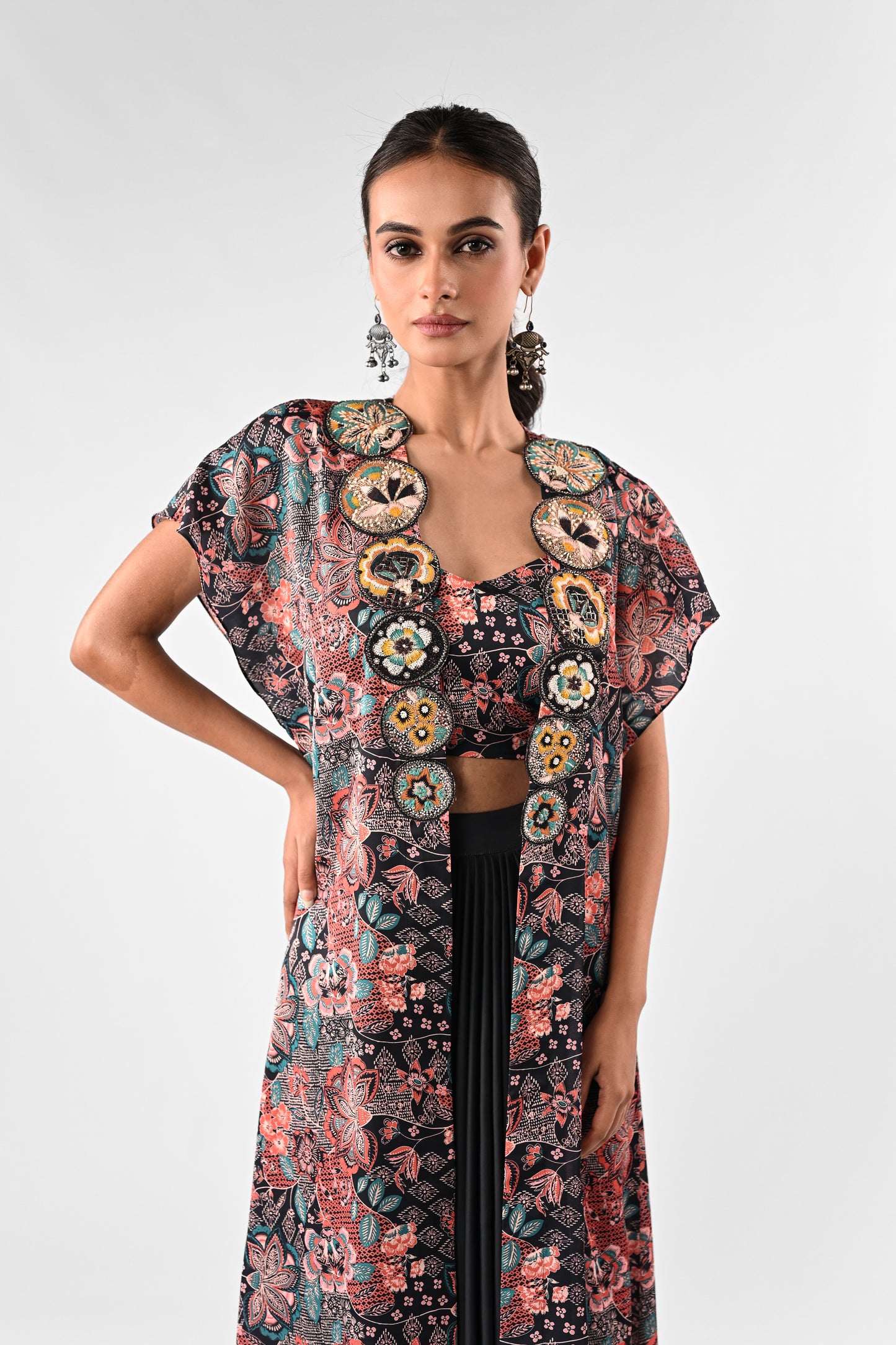 Embellished Printed Cape with Draped Skirt Set