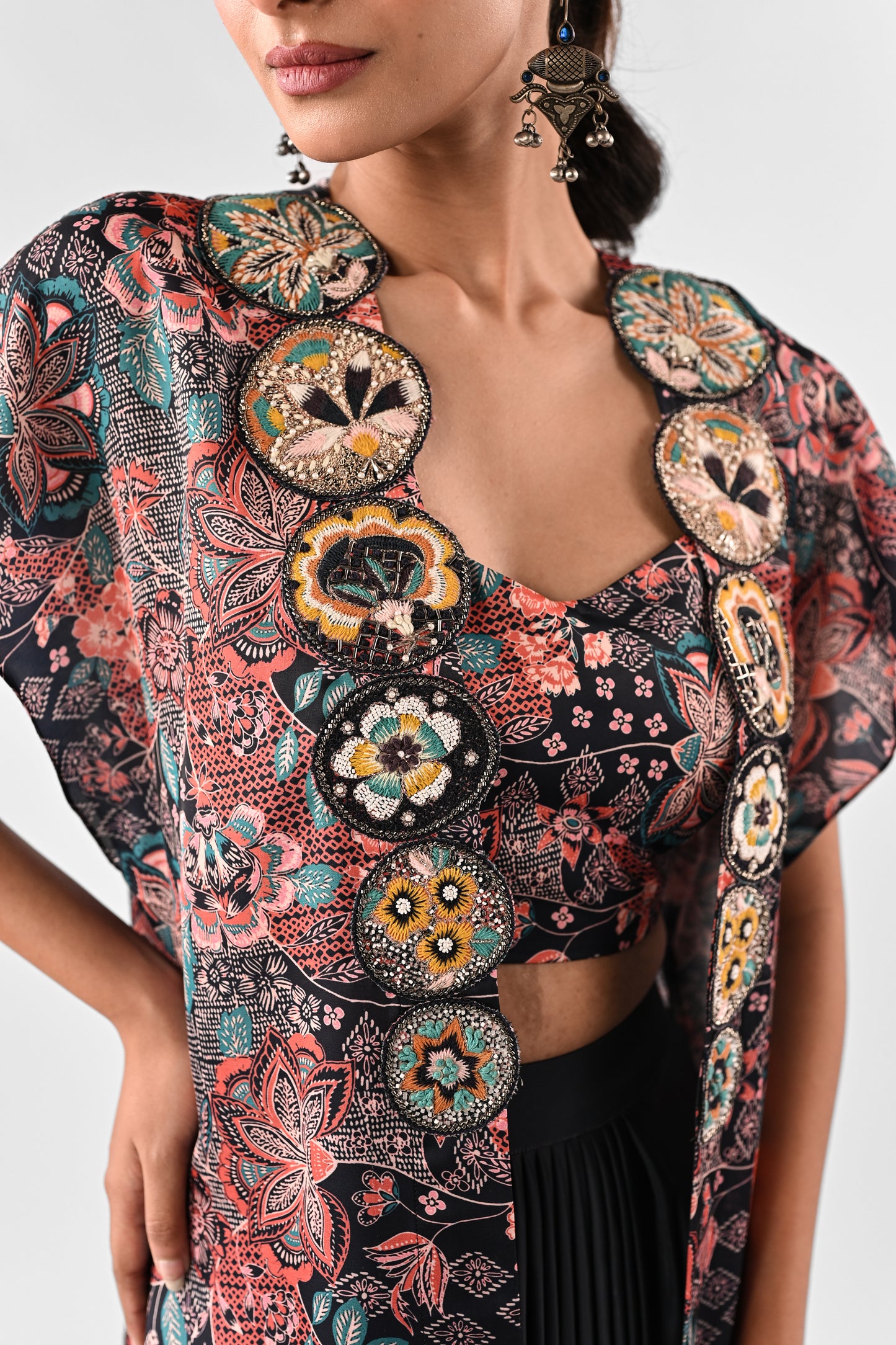 Embellished Printed Cape with Draped Skirt Set