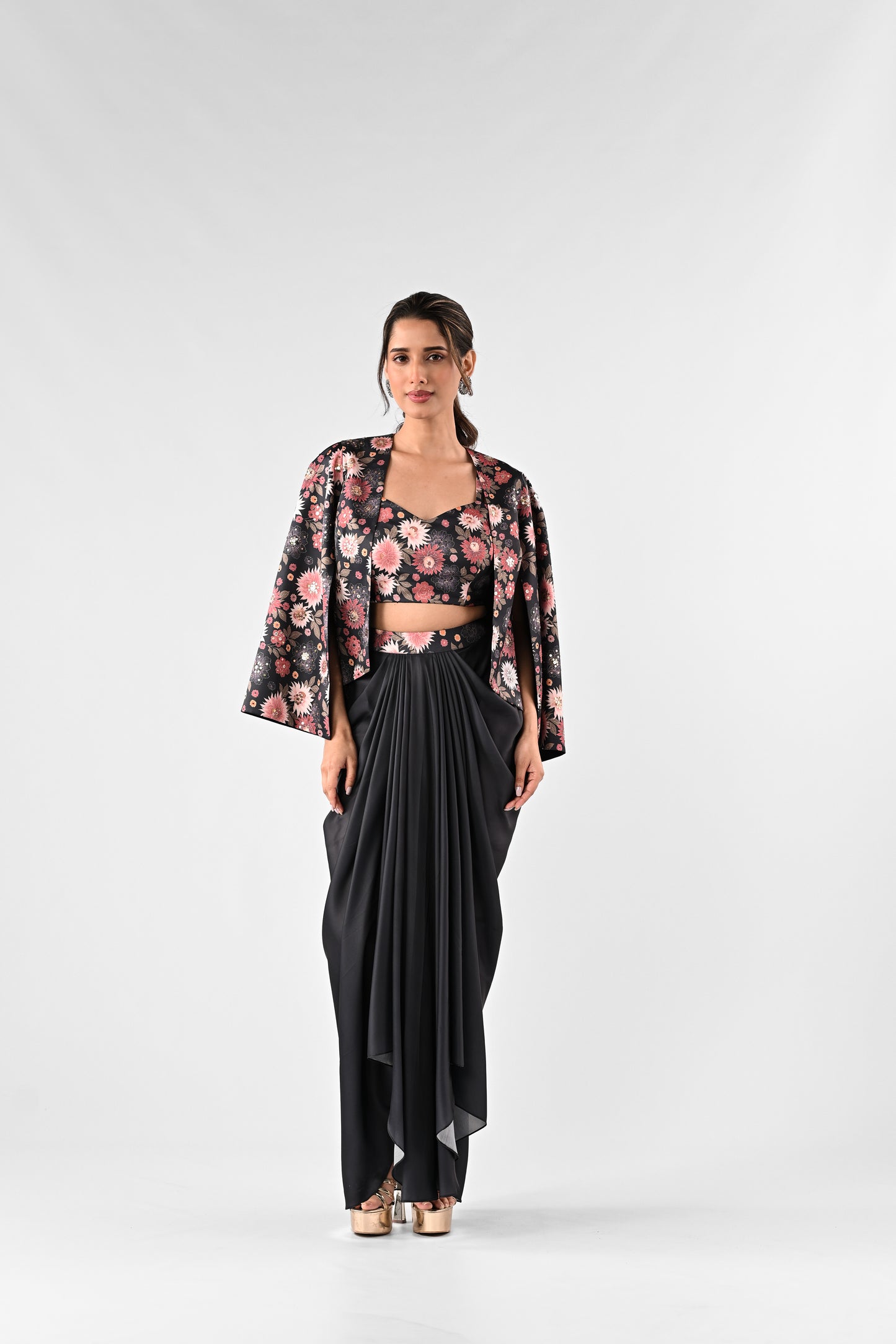 Embellished Printed Cropped Cape with Draped Skirt Set