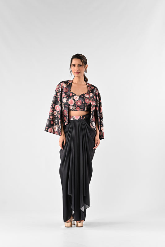 Embellished Printed Cropped Cape with Draped Skirt Set