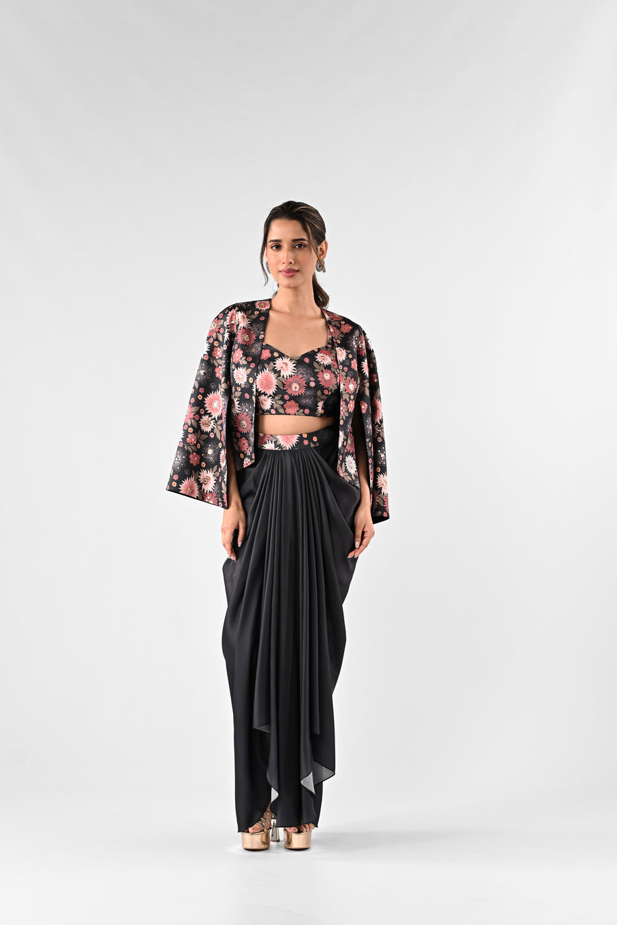 Embellished Printed Cropped Cape with Draped Skirt Set