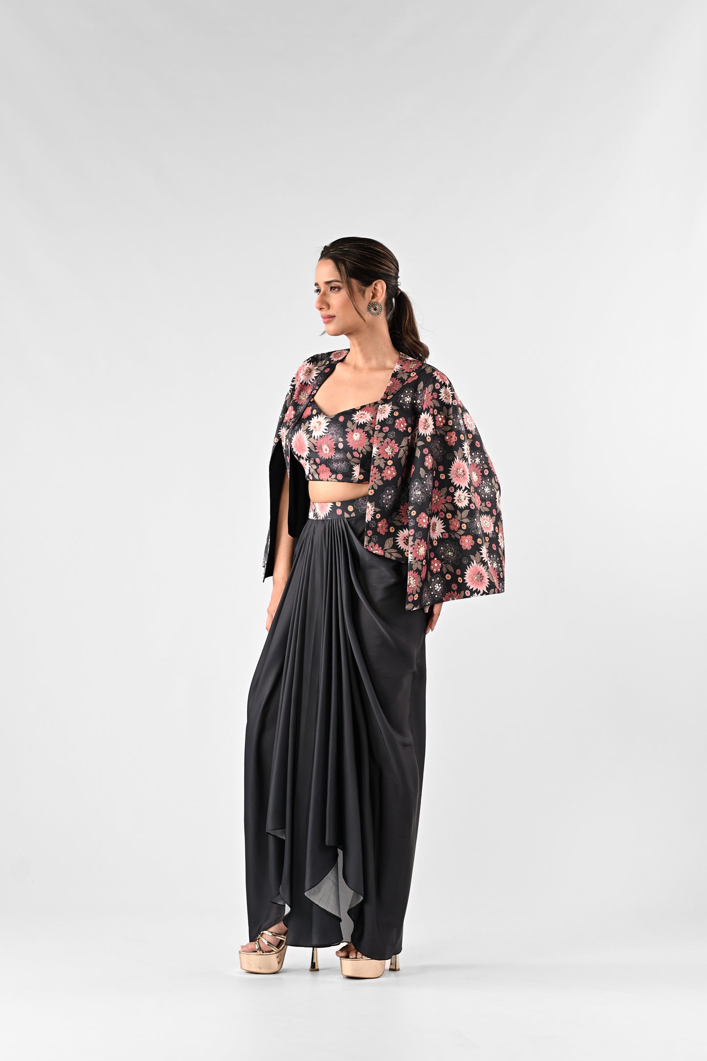 Embellished Printed Cropped Cape with Draped Skirt Set