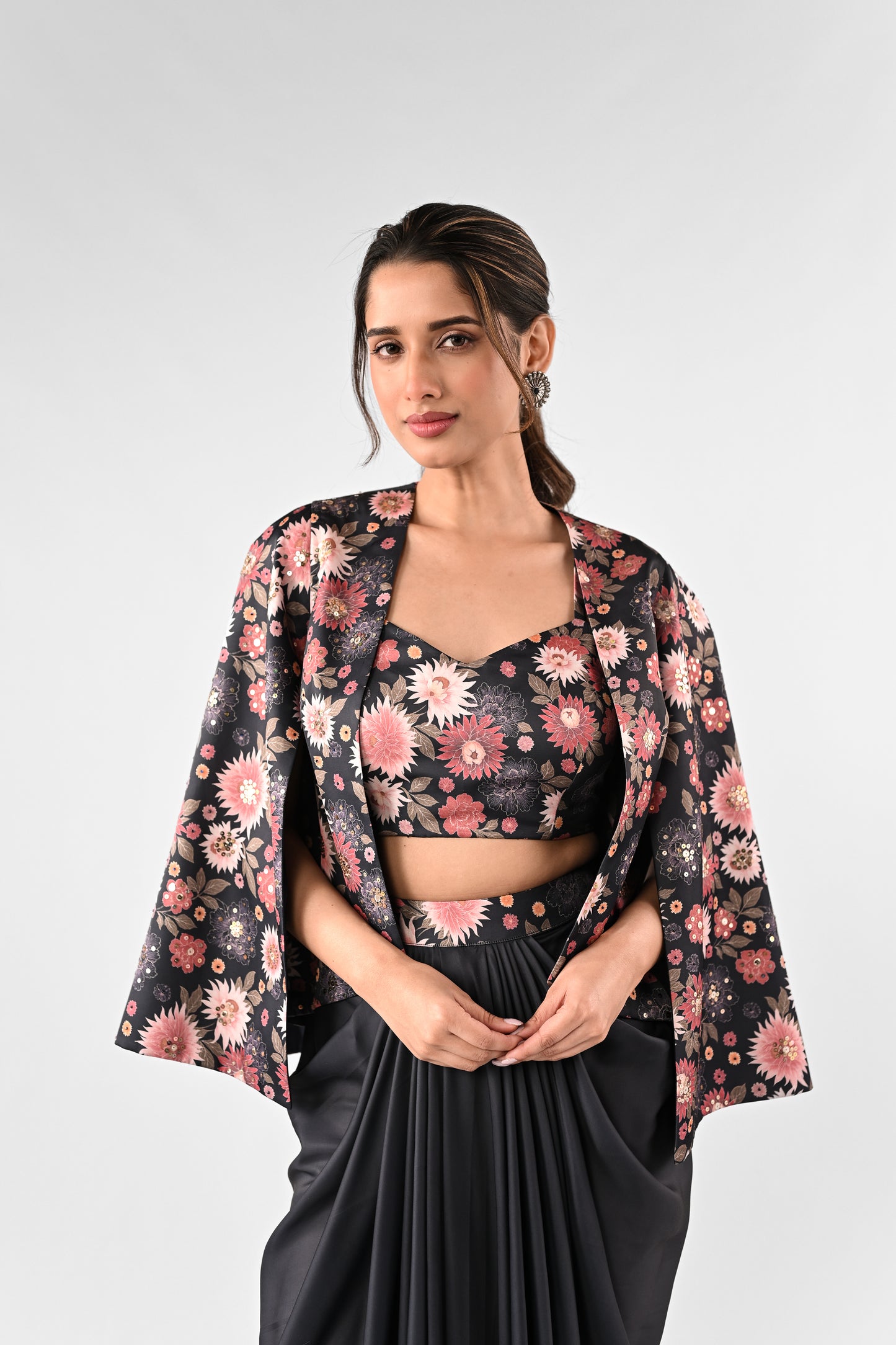 Embellished Printed Cropped Cape with Draped Skirt Set