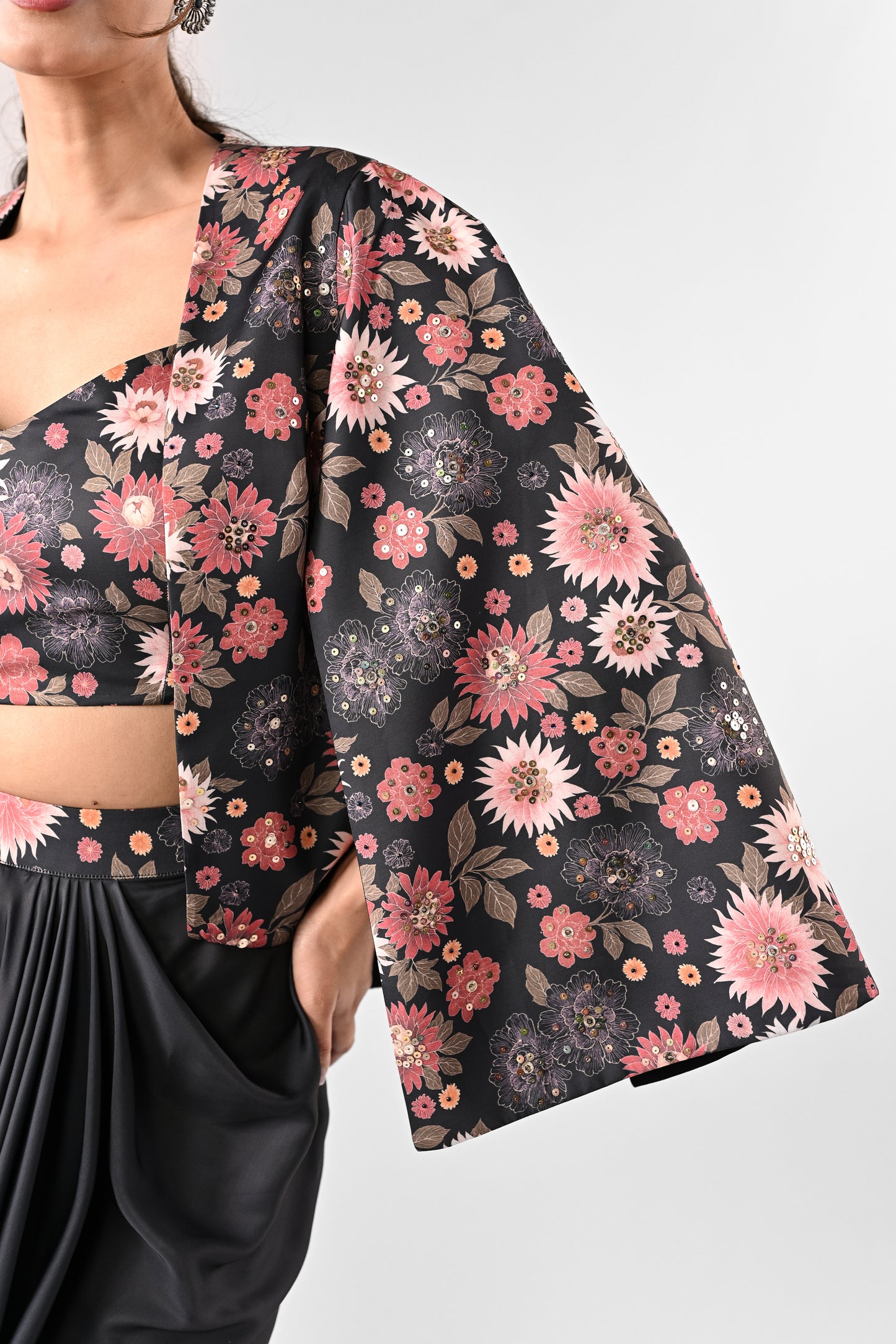 Embellished Printed Cropped Cape with Draped Skirt Set