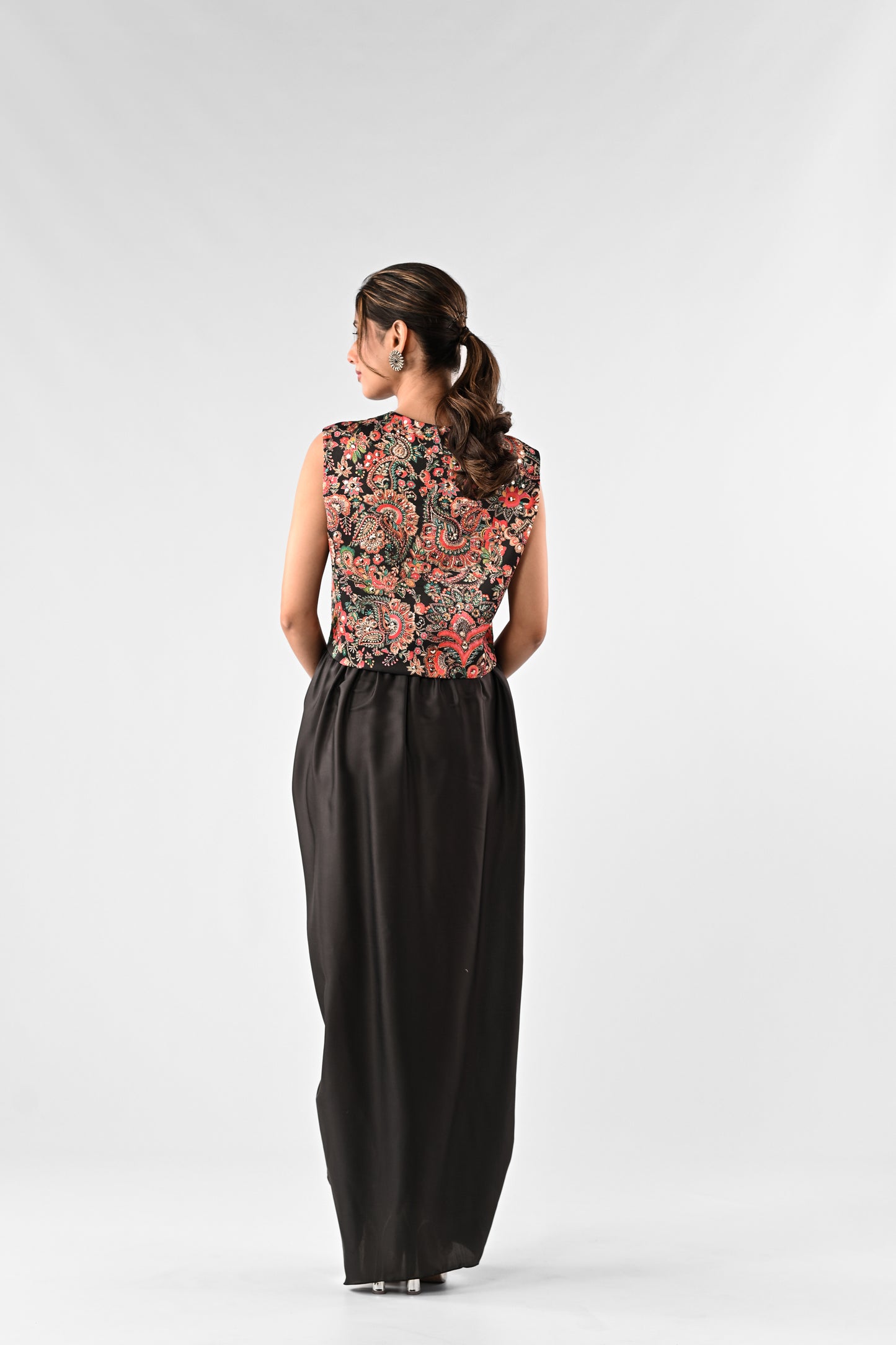 Embellished Printed Top with Draped Skirt Set