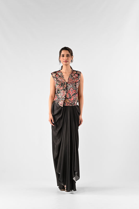 Embellished Printed Top with Draped Skirt Set