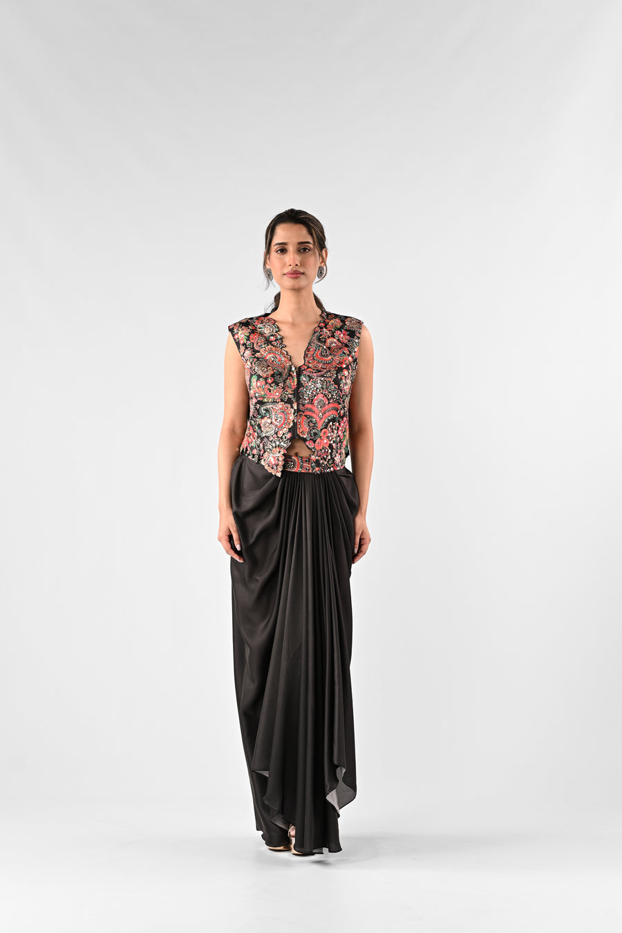 Embellished Printed Top with Draped Skirt Set