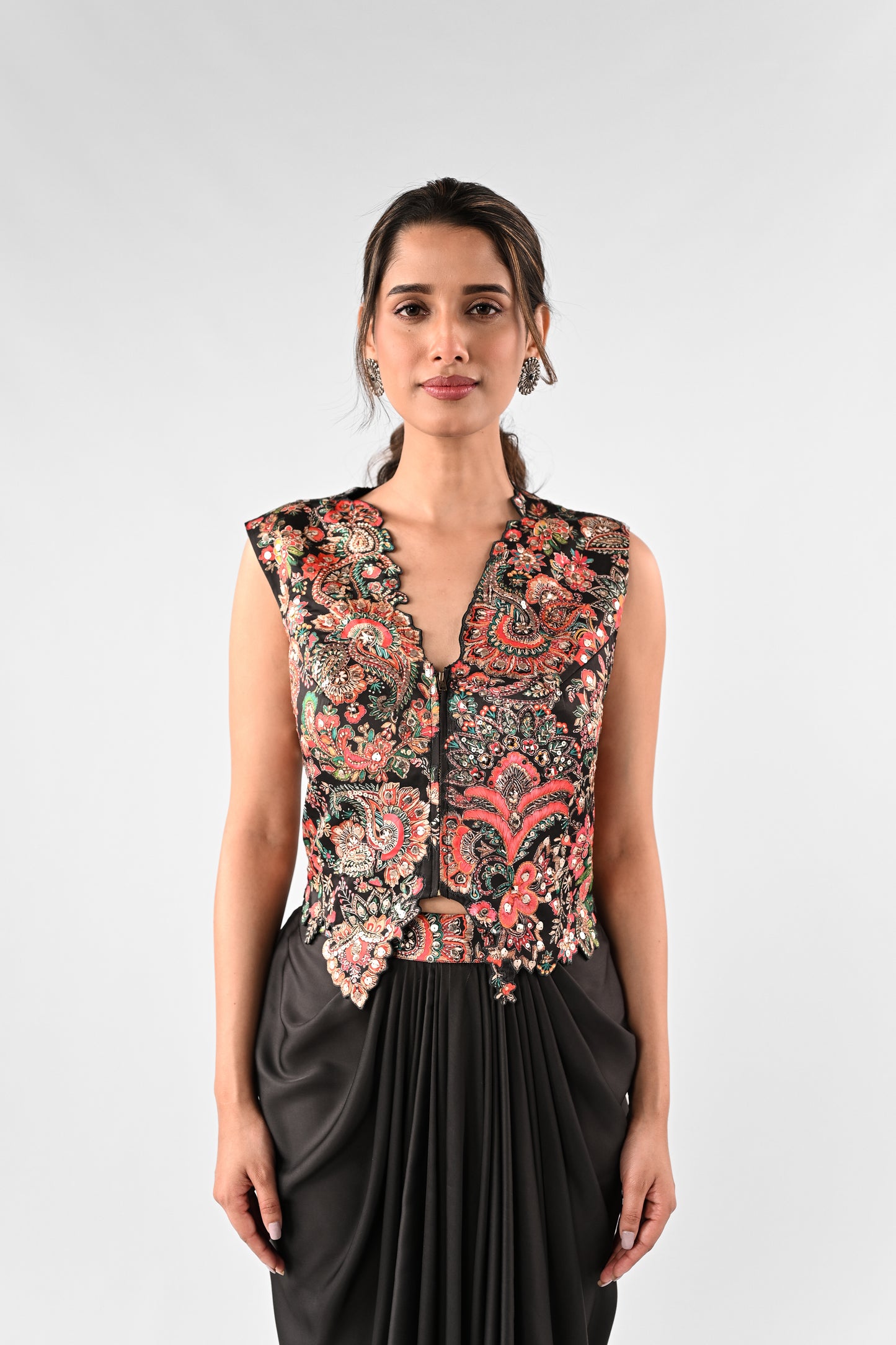 Embellished Printed Top with Draped Skirt Set