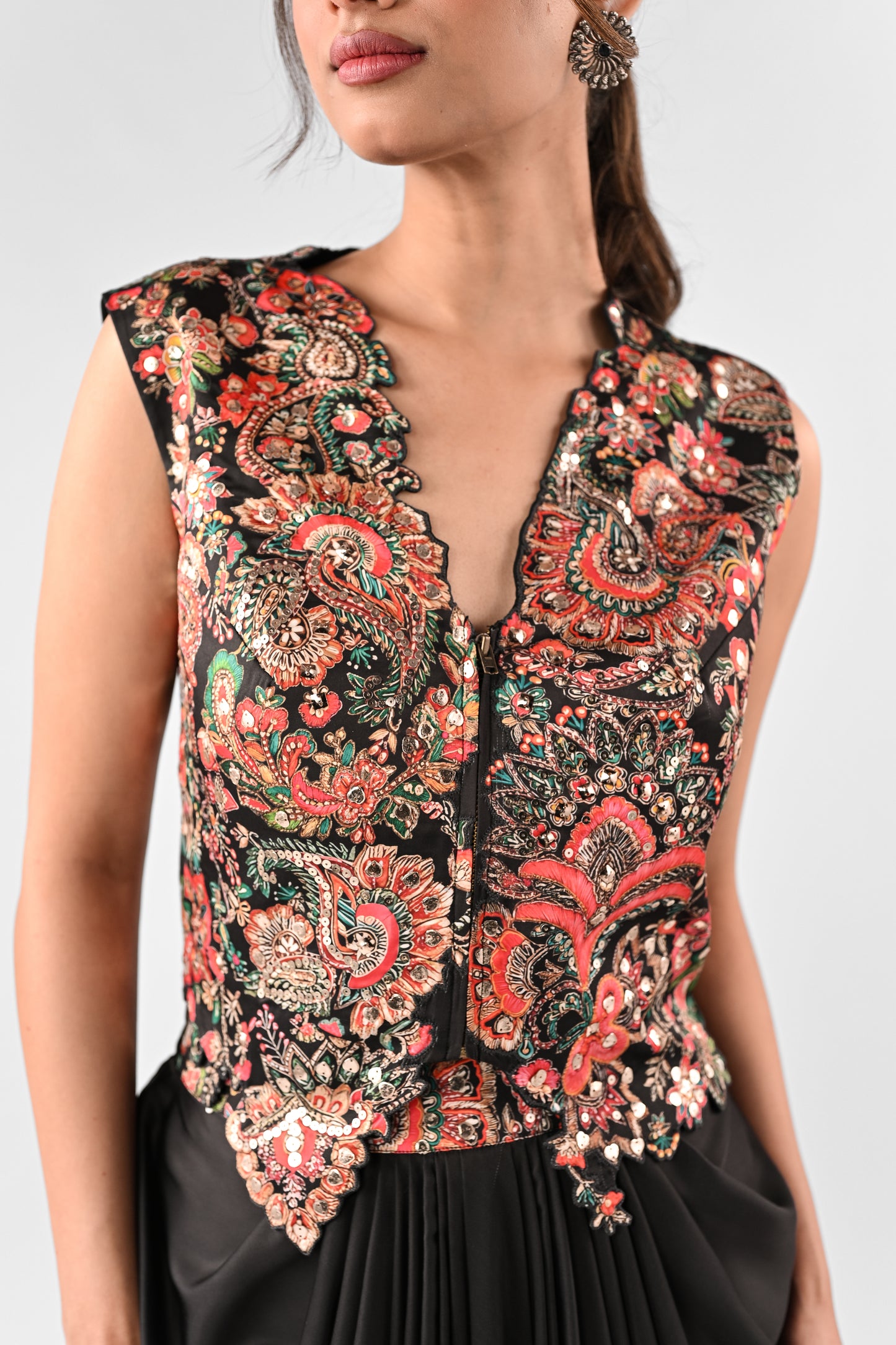 Embellished Printed Top with Draped Skirt Set