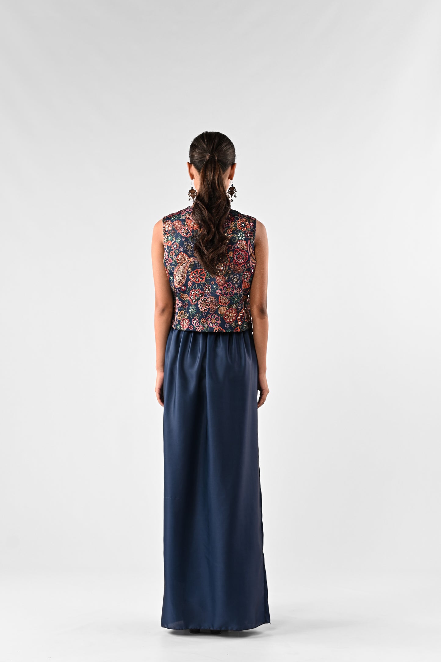 Embellished Printed Waistcoat Top with Draped Skirt Set