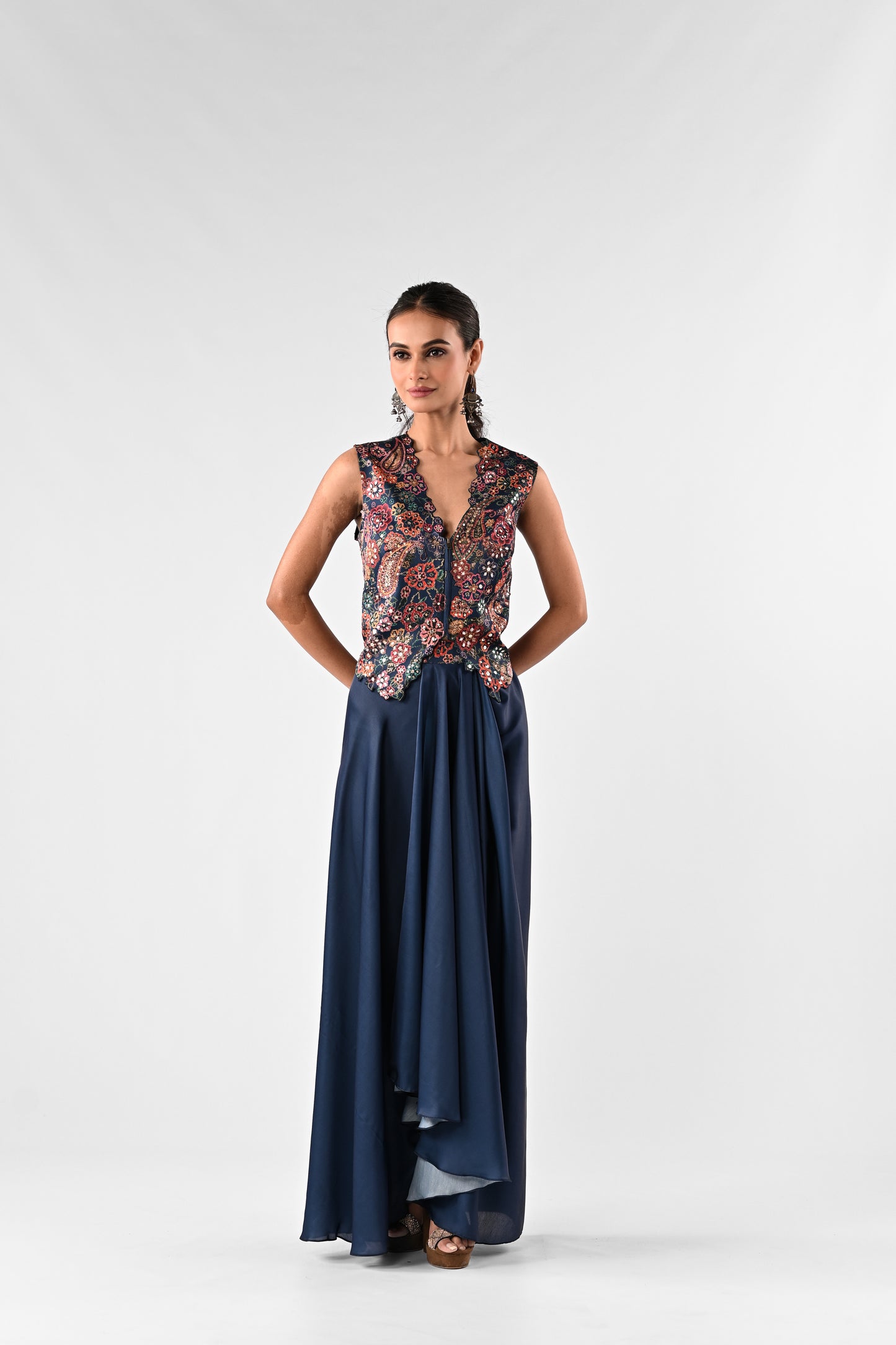 Embellished Printed Waistcoat Top with Draped Skirt Set