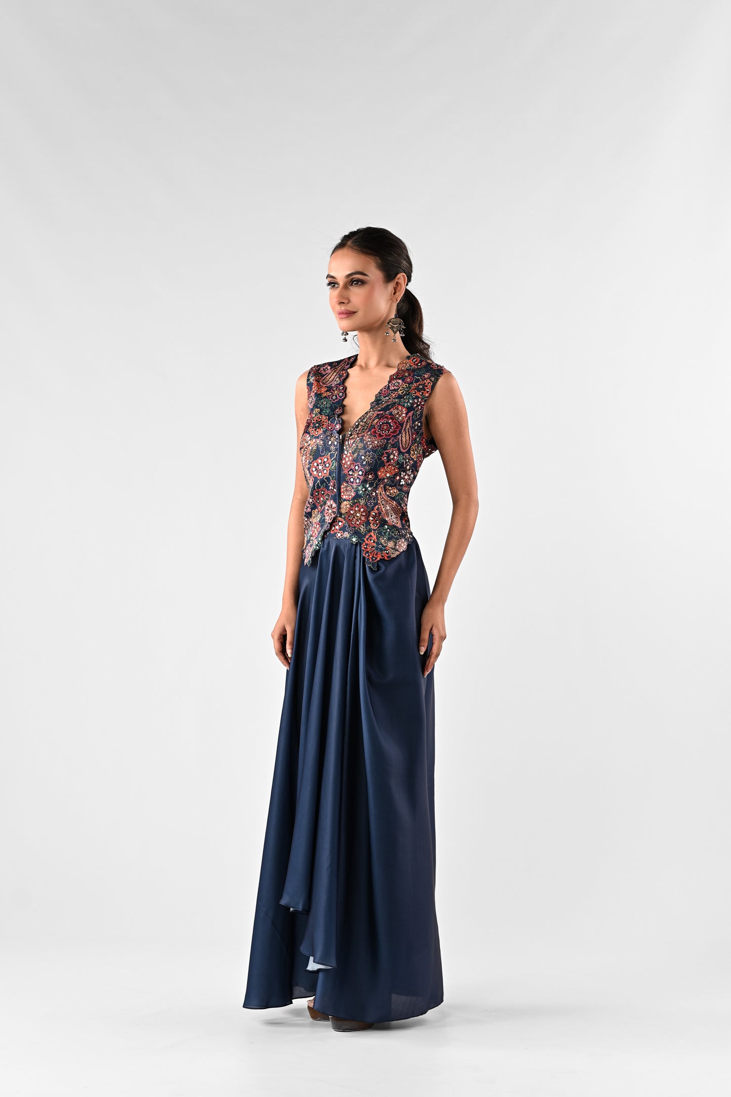 Embellished Printed Waistcoat Top with Draped Skirt Set