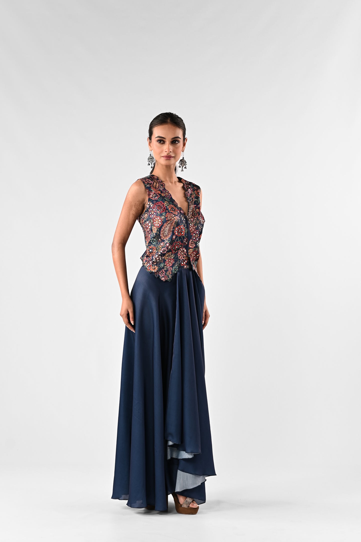 Embellished Printed Waistcoat Top with Draped Skirt Set