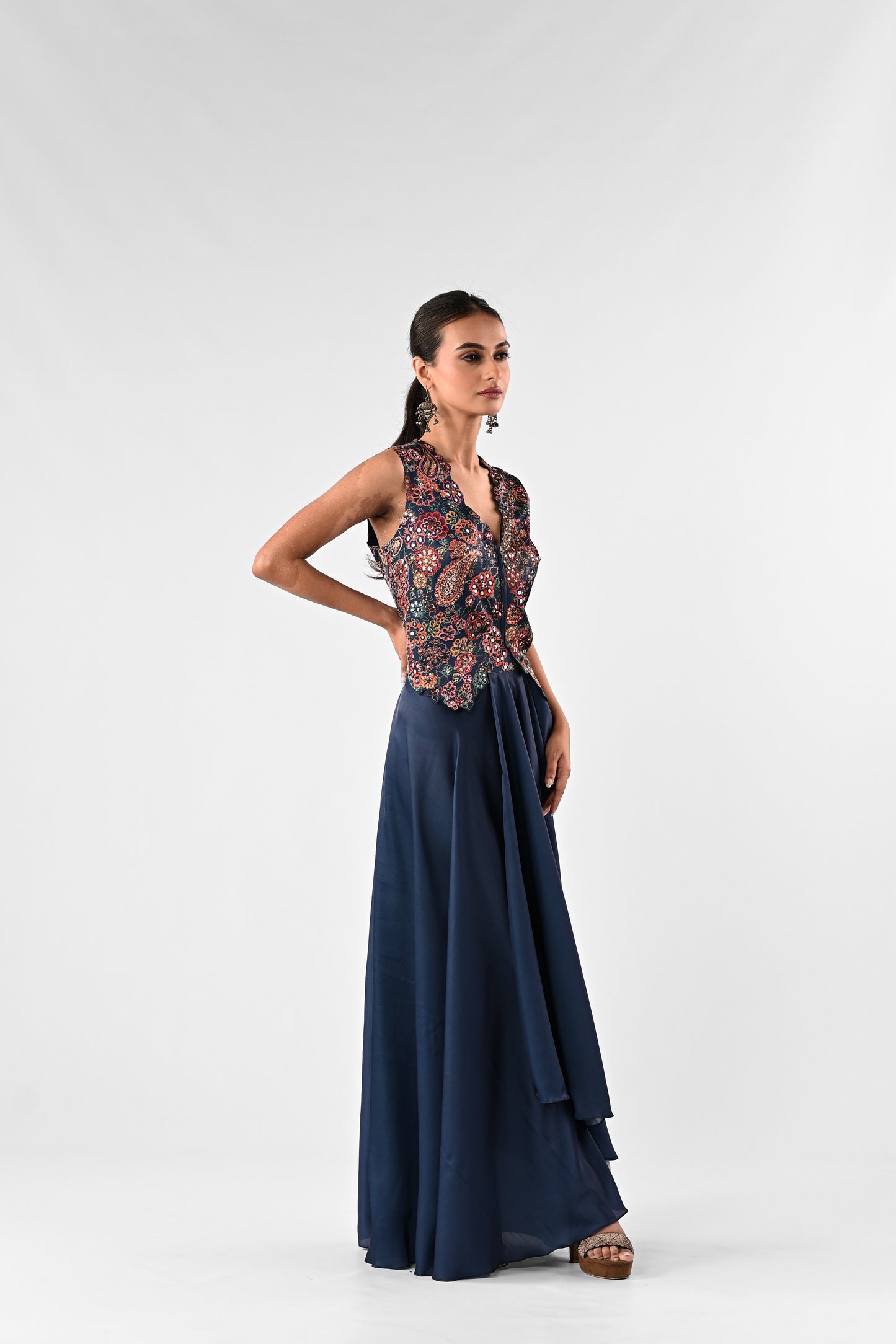 Embellished Printed Waistcoat Top with Draped Skirt Set
