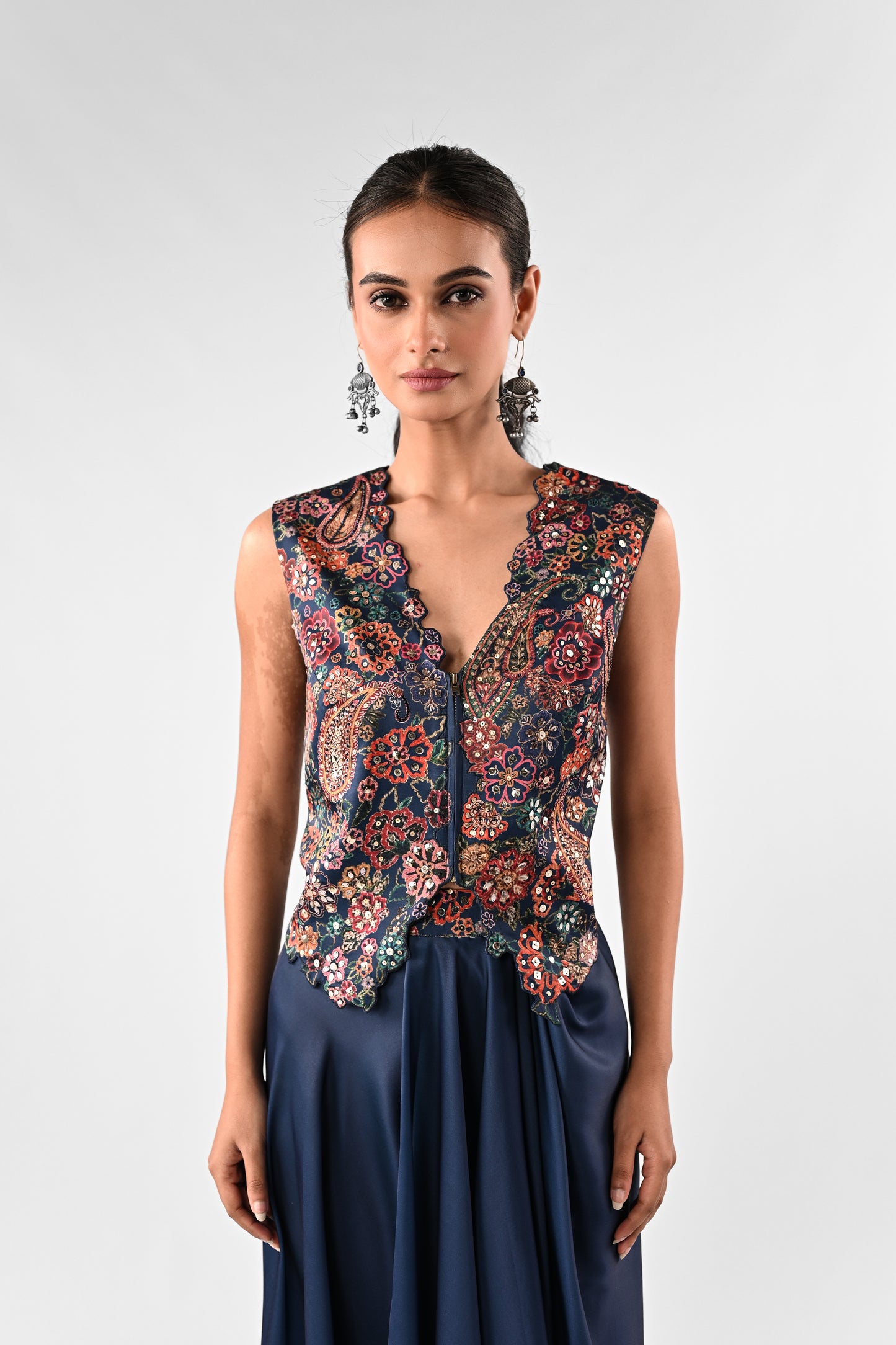 Embellished Printed Waistcoat Top with Draped Skirt Set