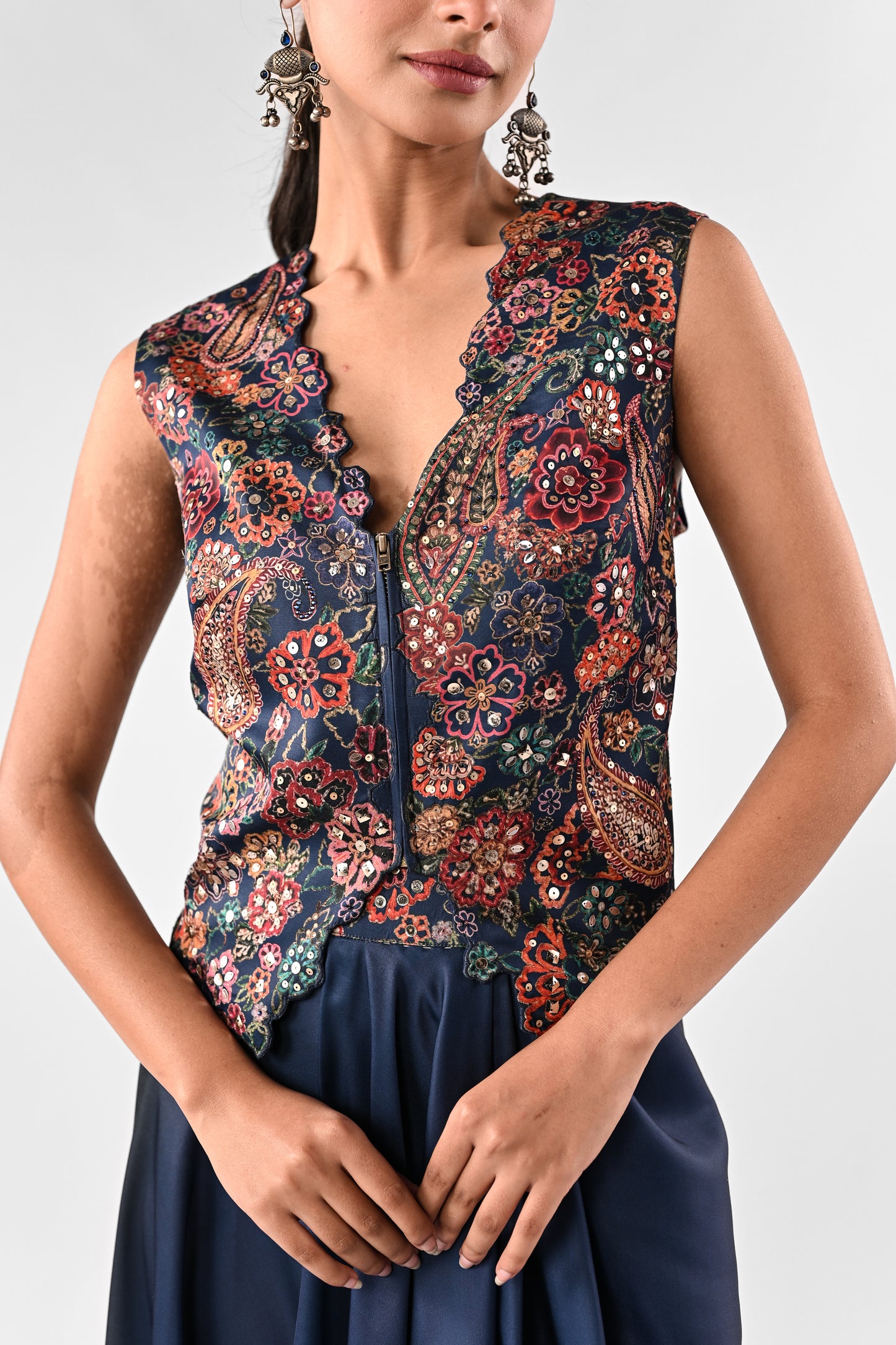 Embellished Printed Waistcoat Top with Draped Skirt Set