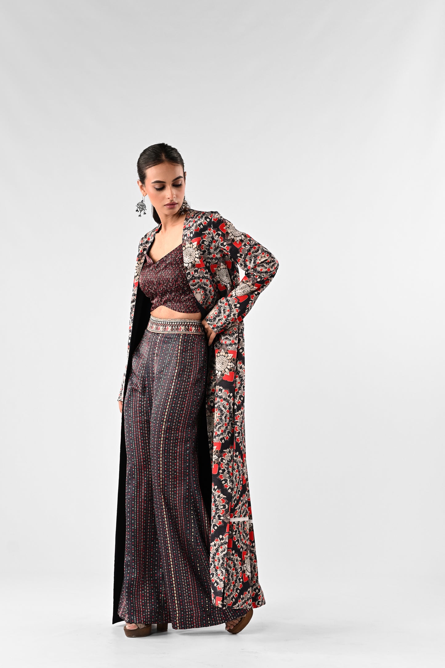 Embellished Printed Co-ord Set with Cape