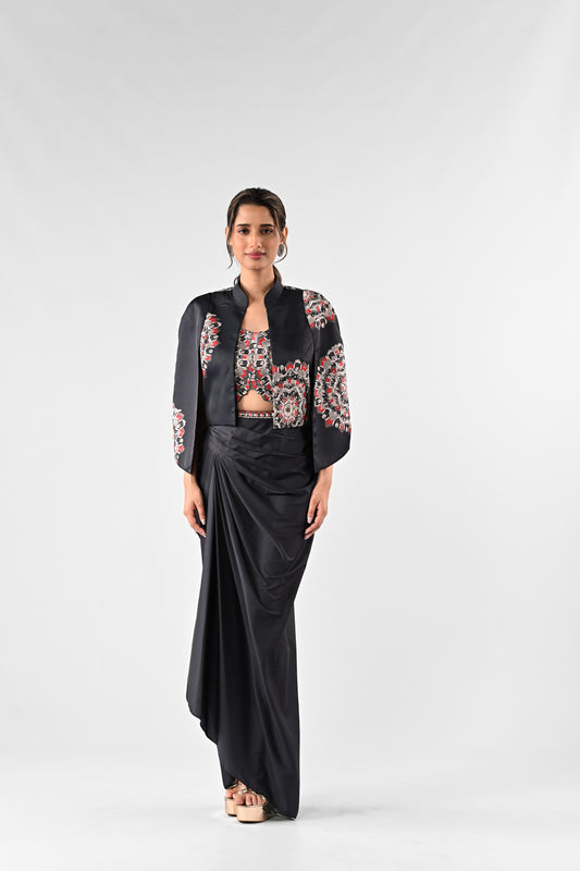 Embellished Printed Cape with Draped Skirt Set