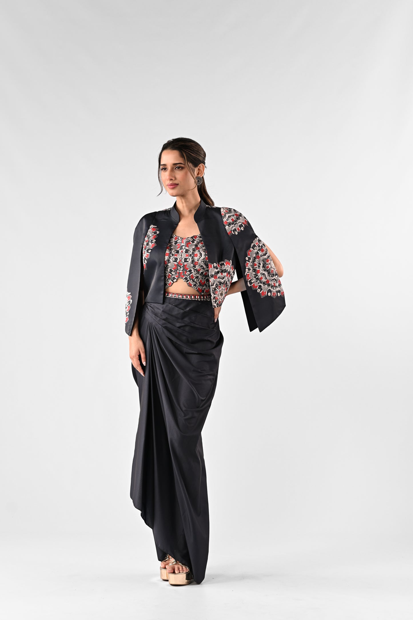 Embellished Printed Cape with Draped Skirt Set