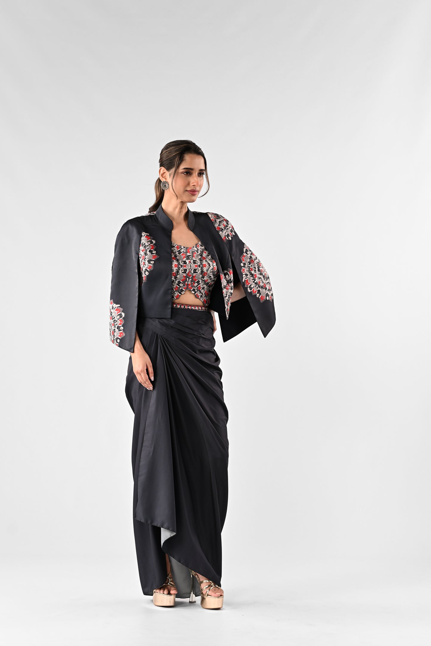 Embellished Printed Cape with Draped Skirt Set