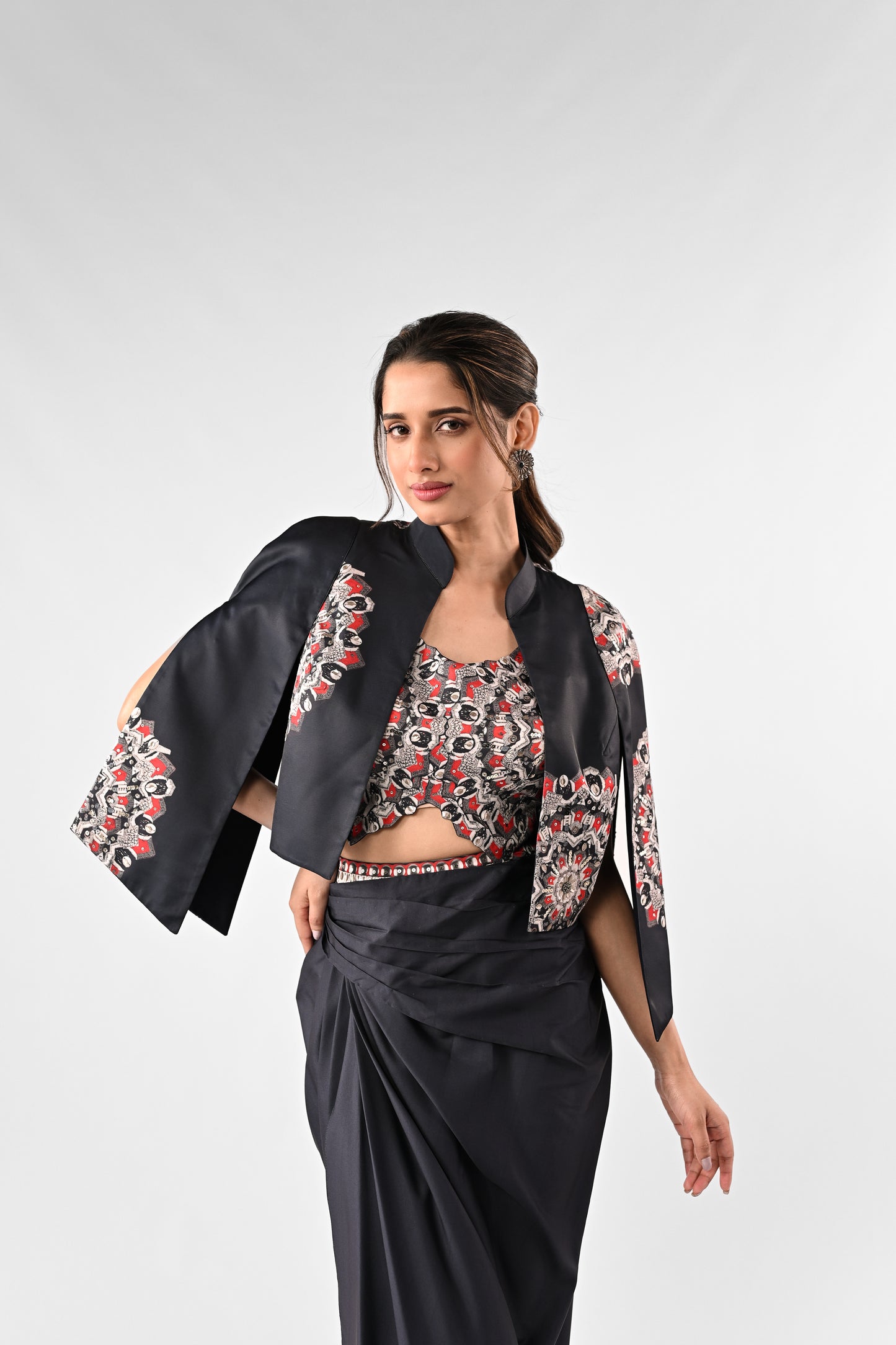 Embellished Printed Cape with Draped Skirt Set