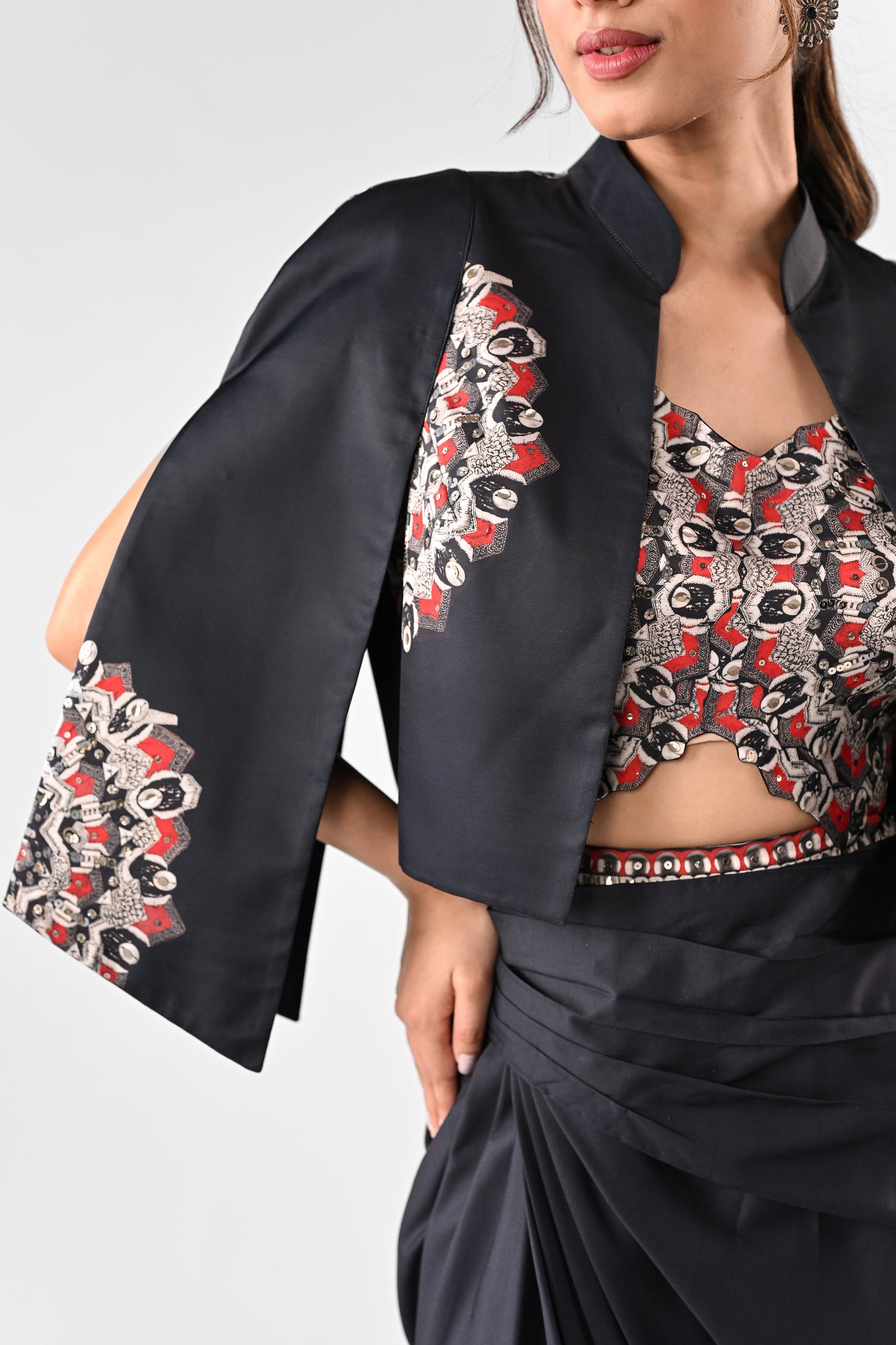 Embellished Printed Cape with Draped Skirt Set