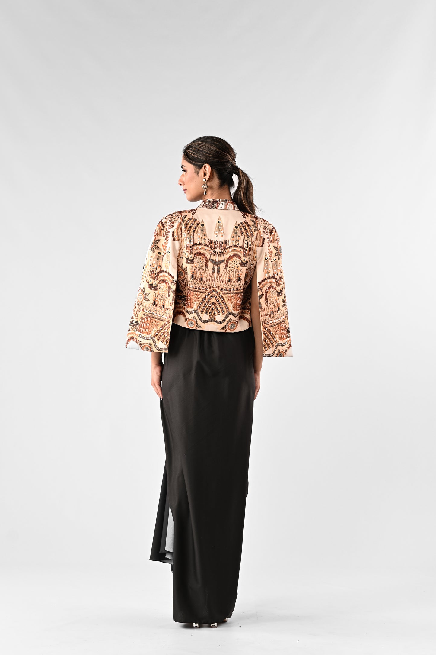Embellished Printed Cape with Draped Skirt Set