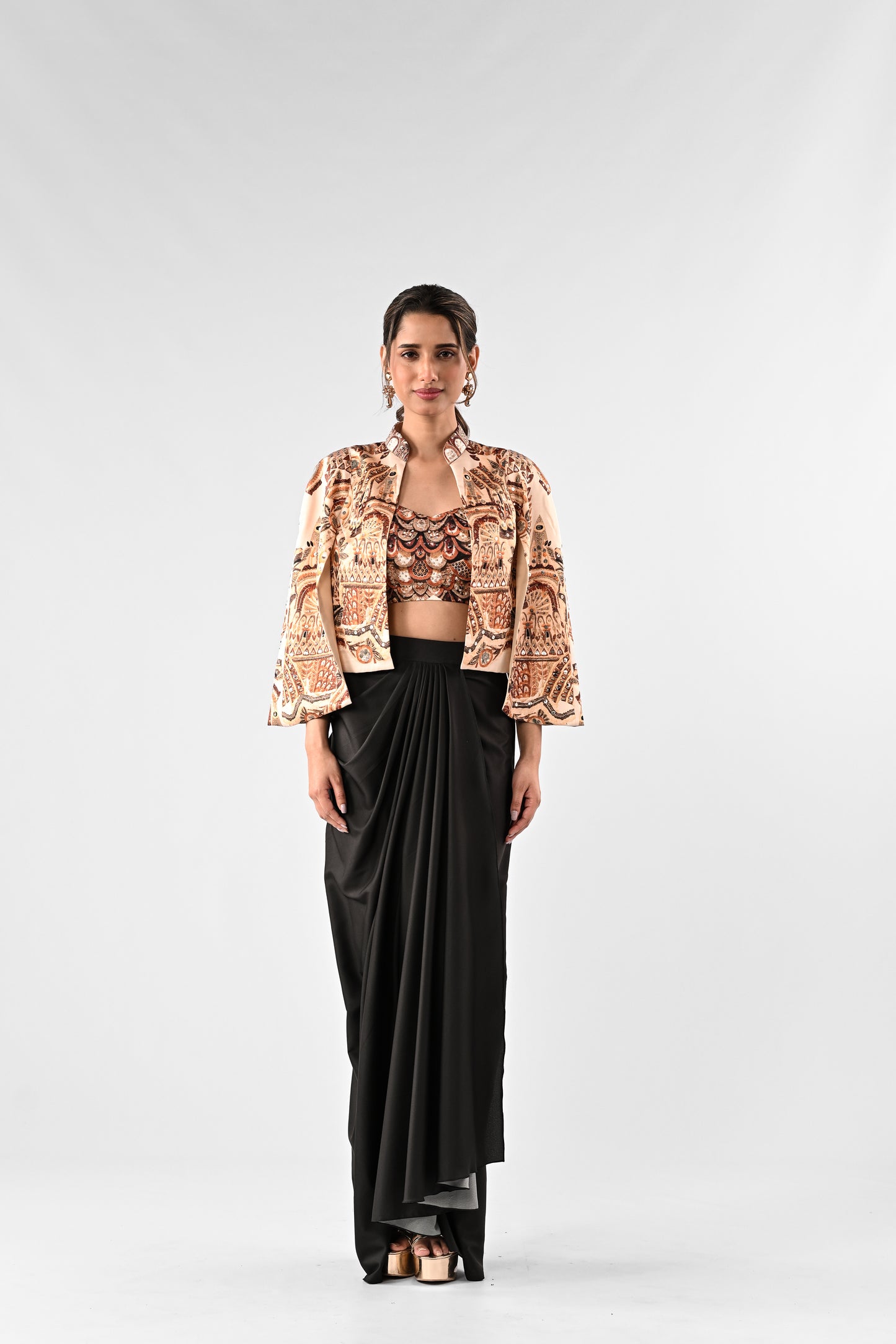 Embellished Printed Cape with Draped Skirt Set