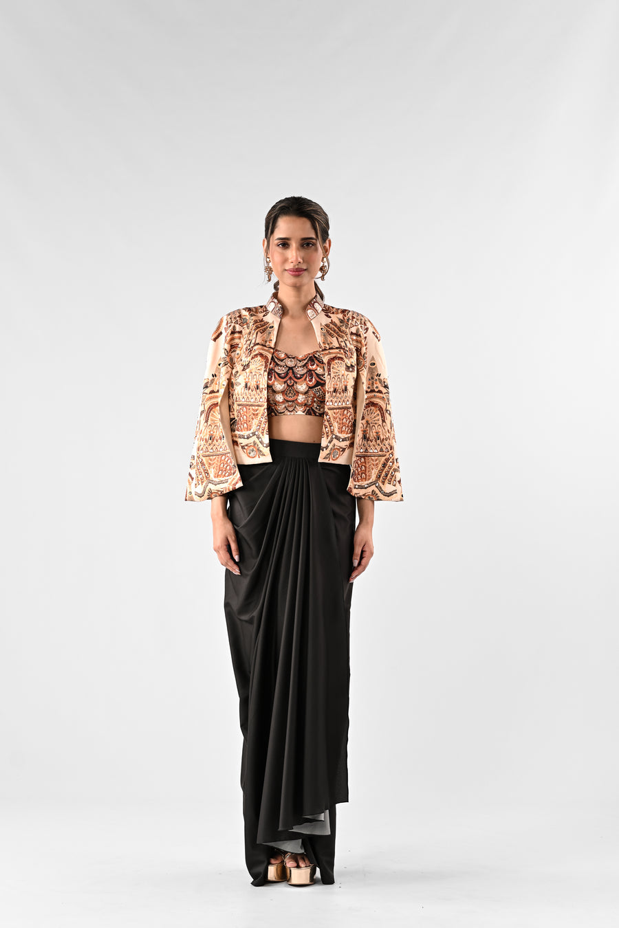 Embellished Printed Cape with Draped Skirt Set