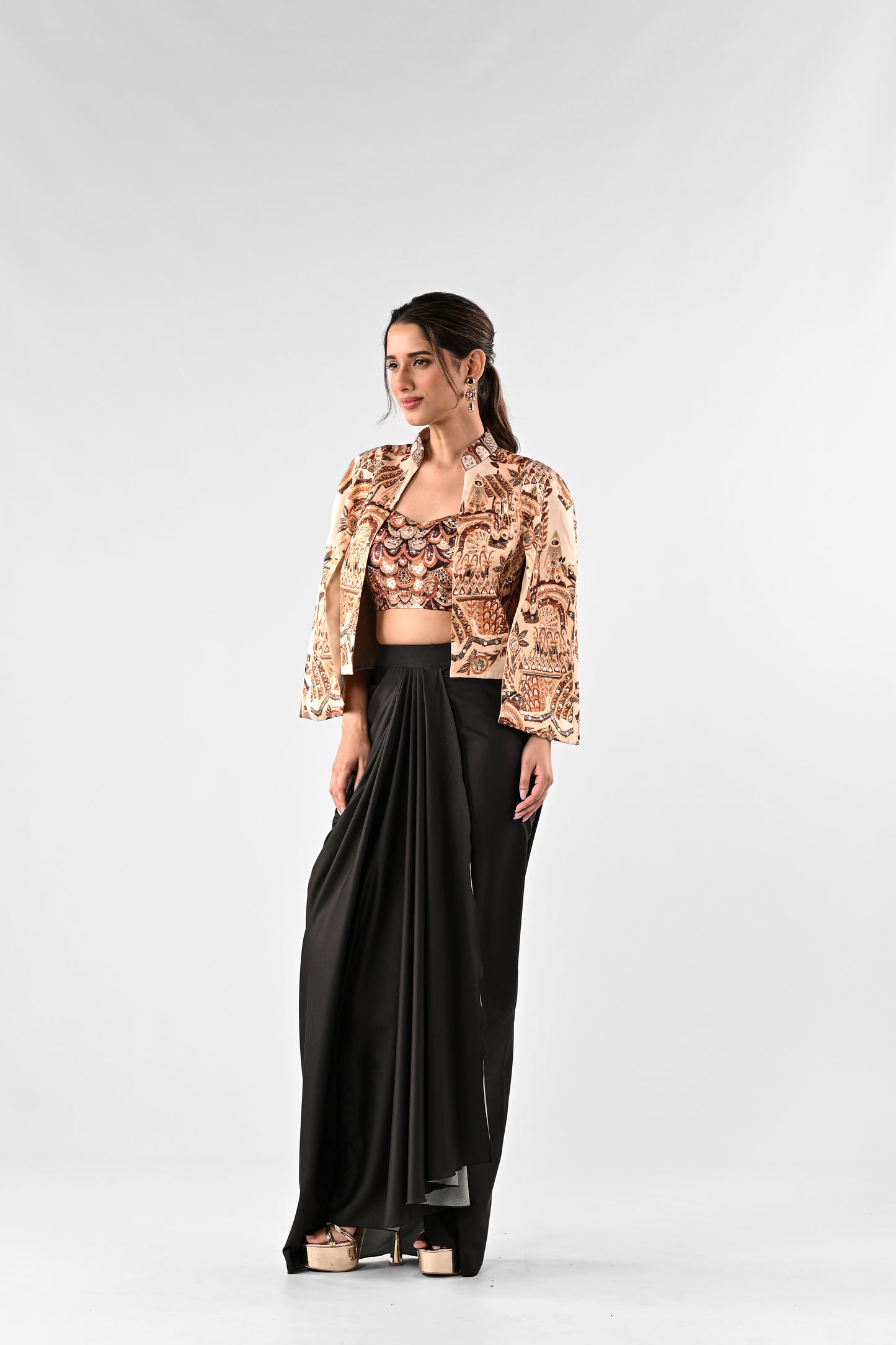Embellished Printed Cape with Draped Skirt Set