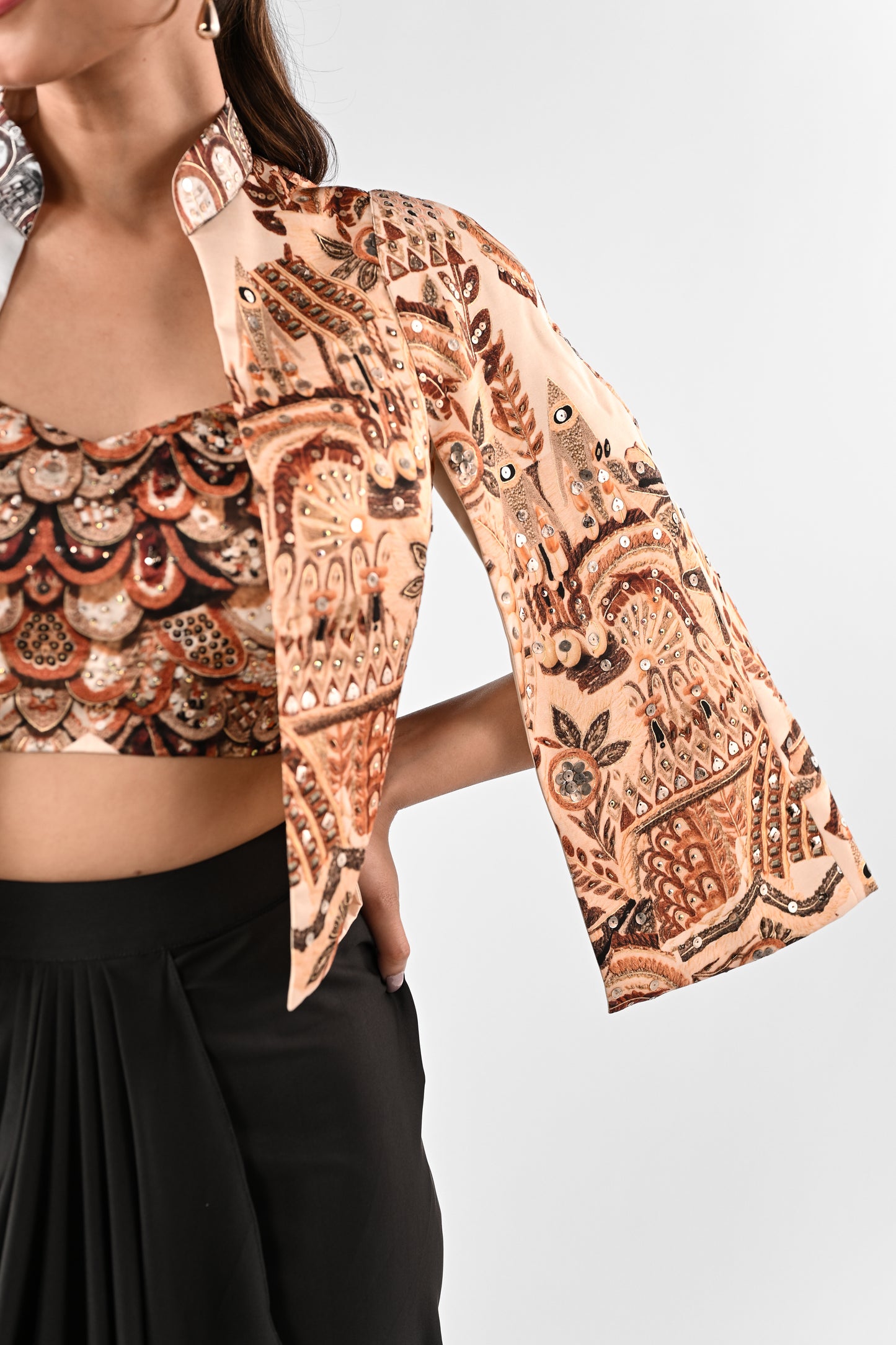 Embellished Printed Cape with Draped Skirt Set