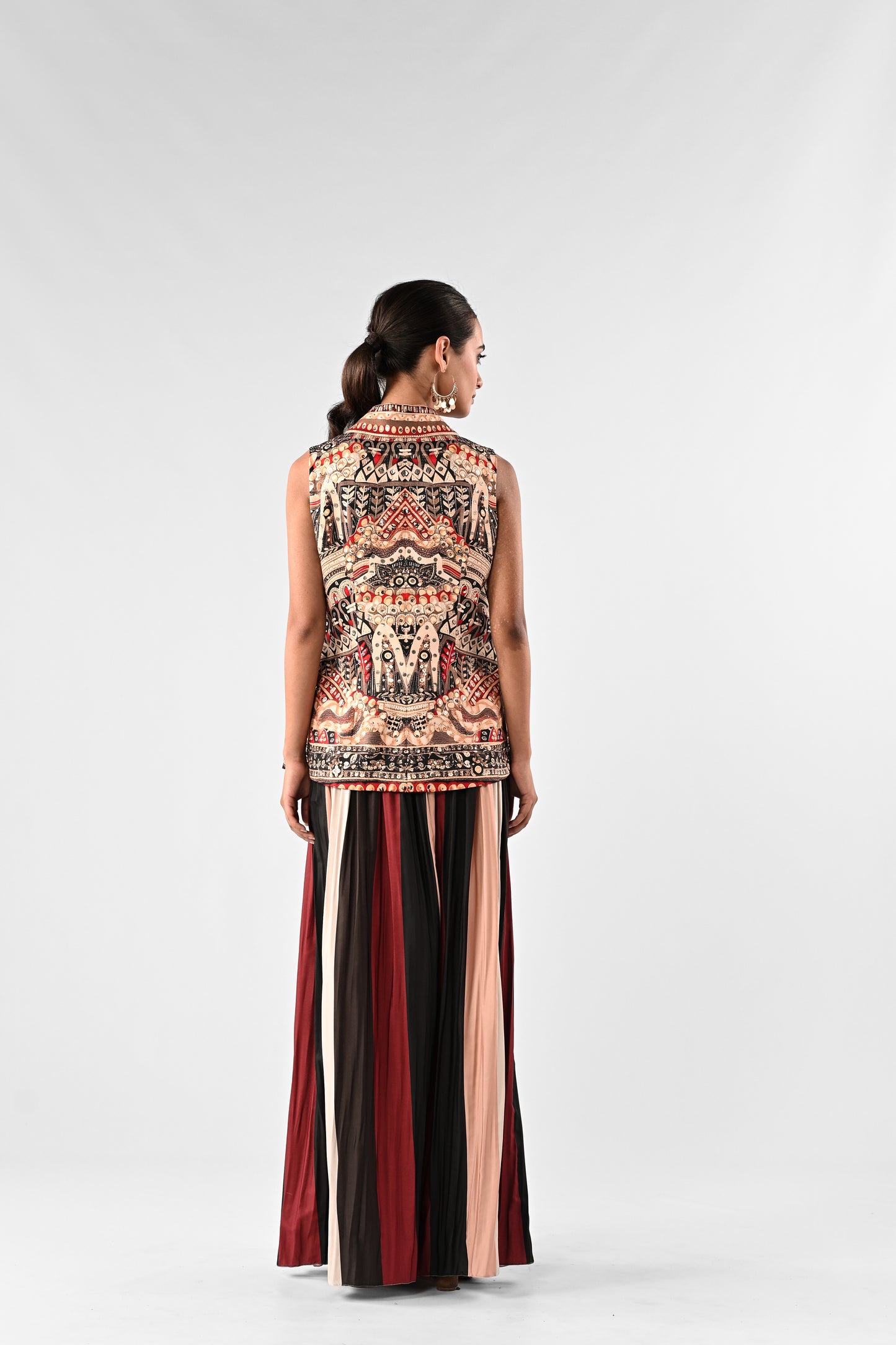 Embellished V-neck Top with Striped Pants Set