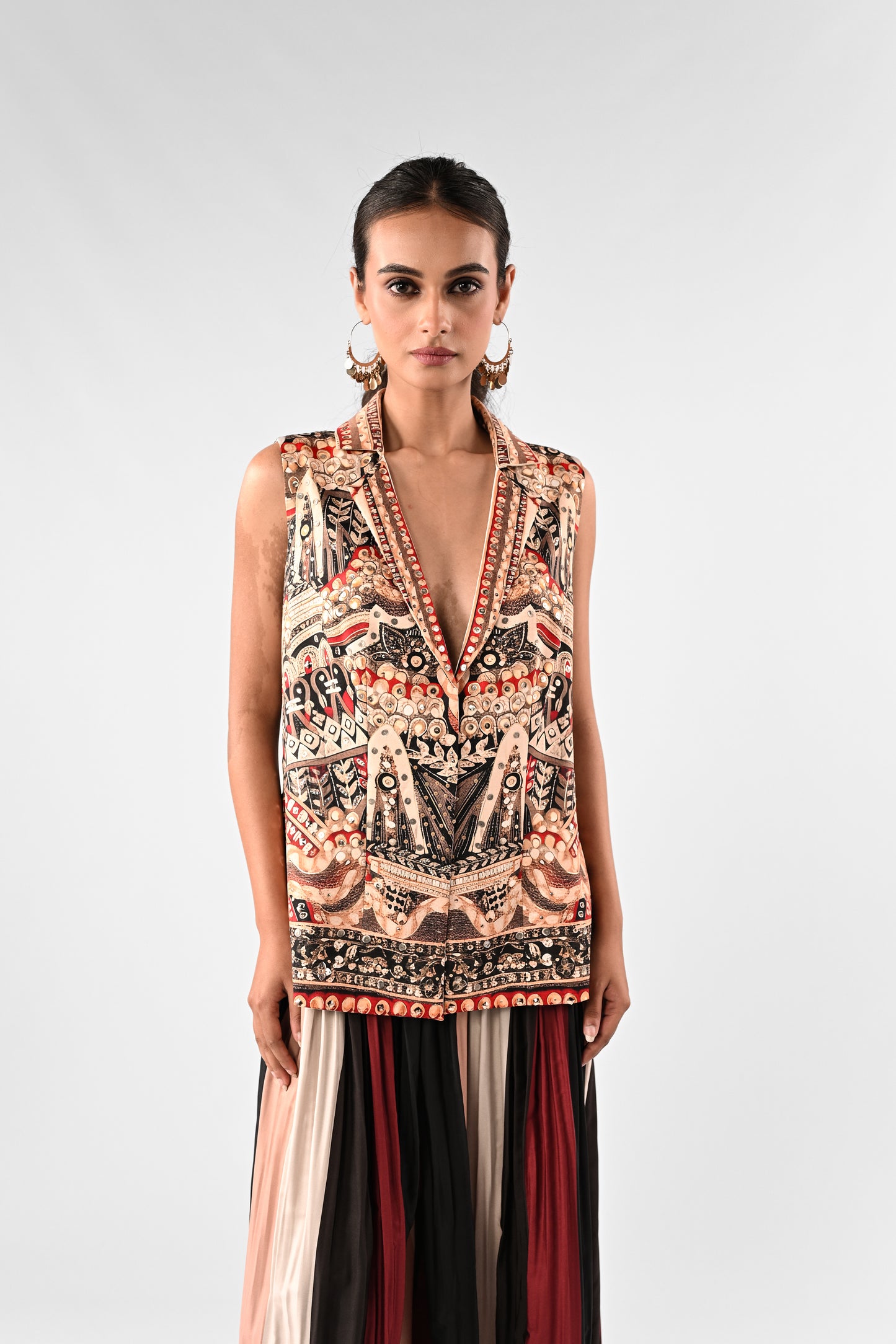 Embellished V-neck Top with Striped Pants Set