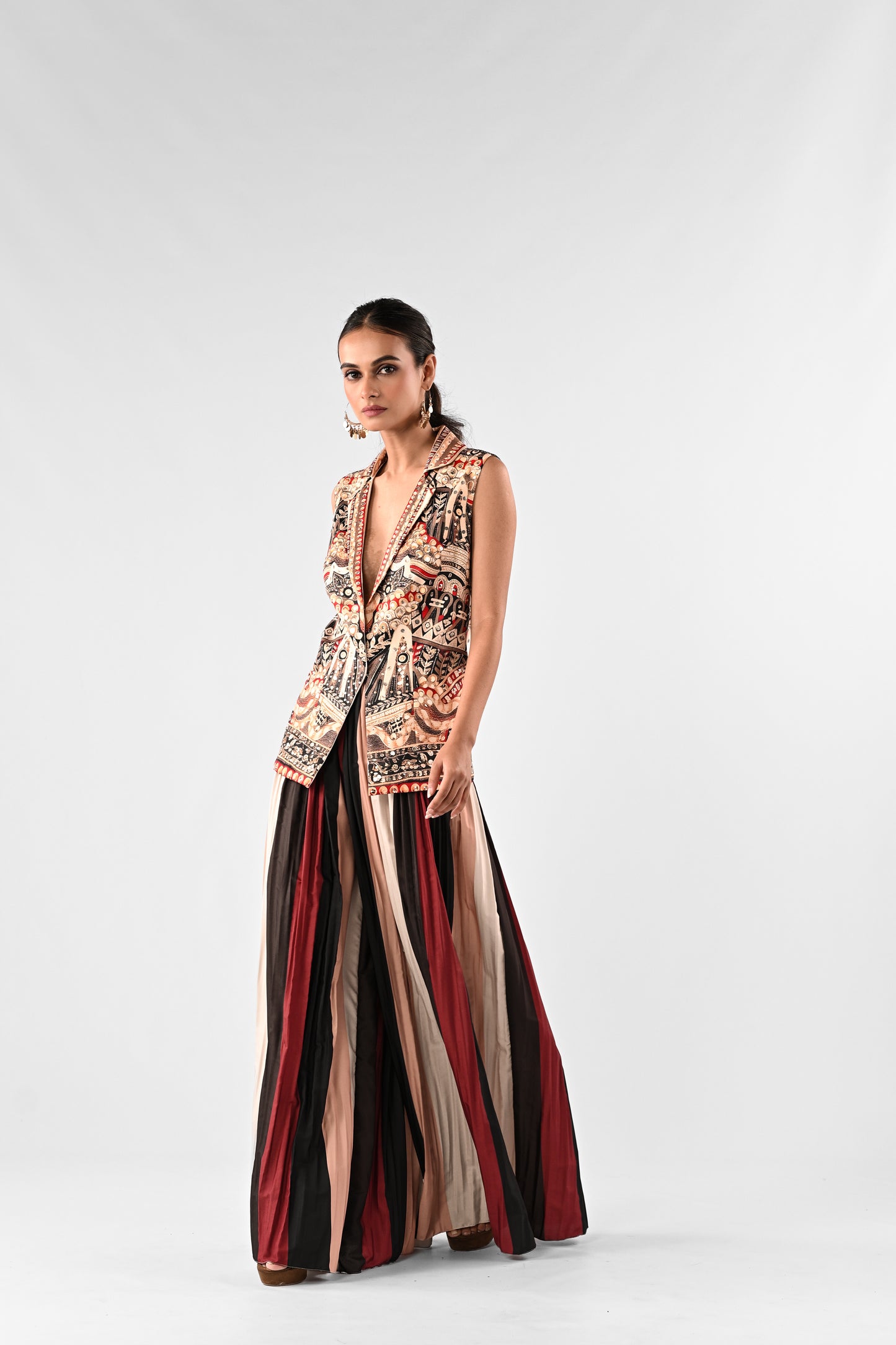 Embellished V-neck Top with Striped Pants Set