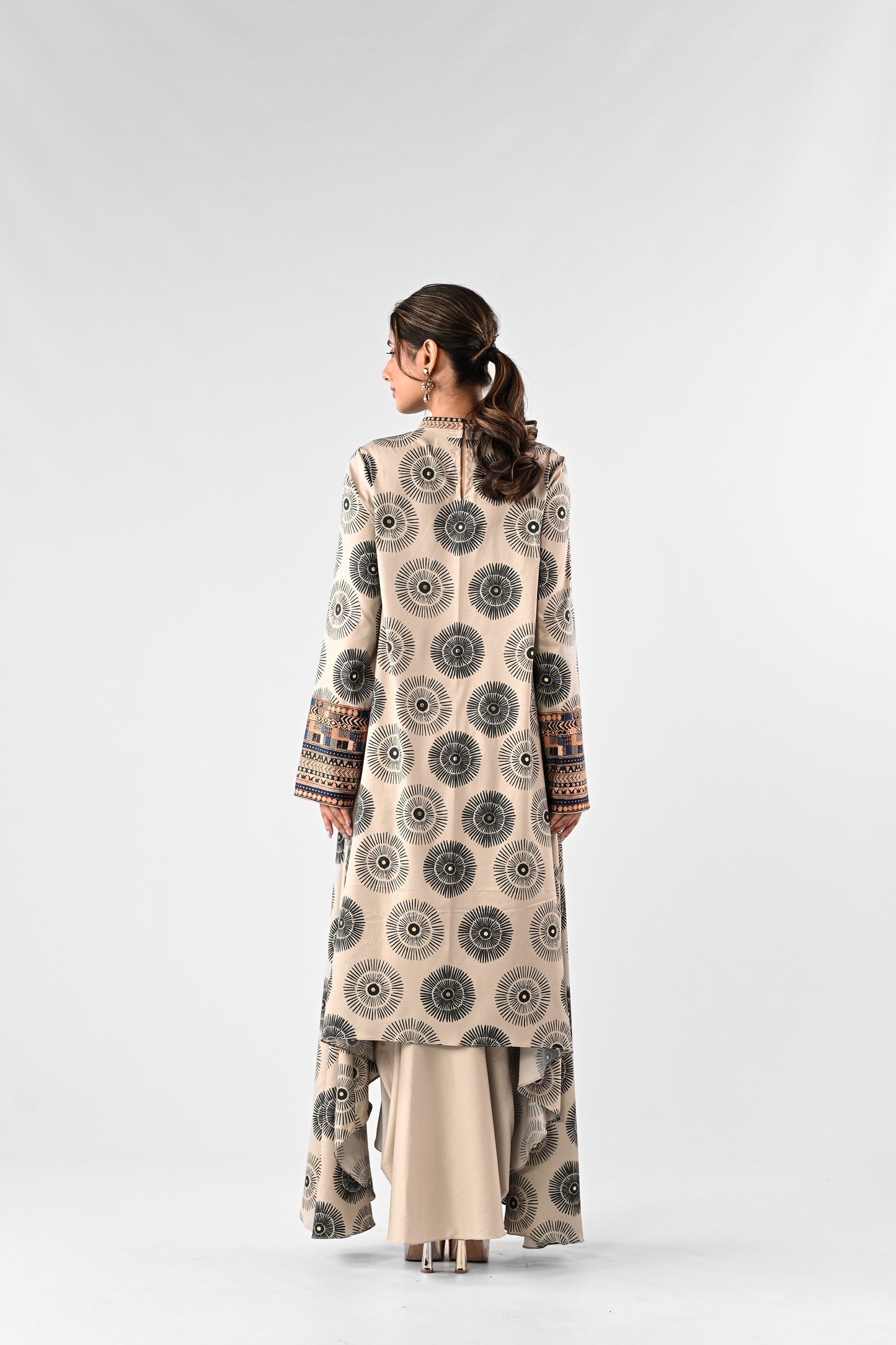 Printed High-Low Top with Draped Skirt Set
