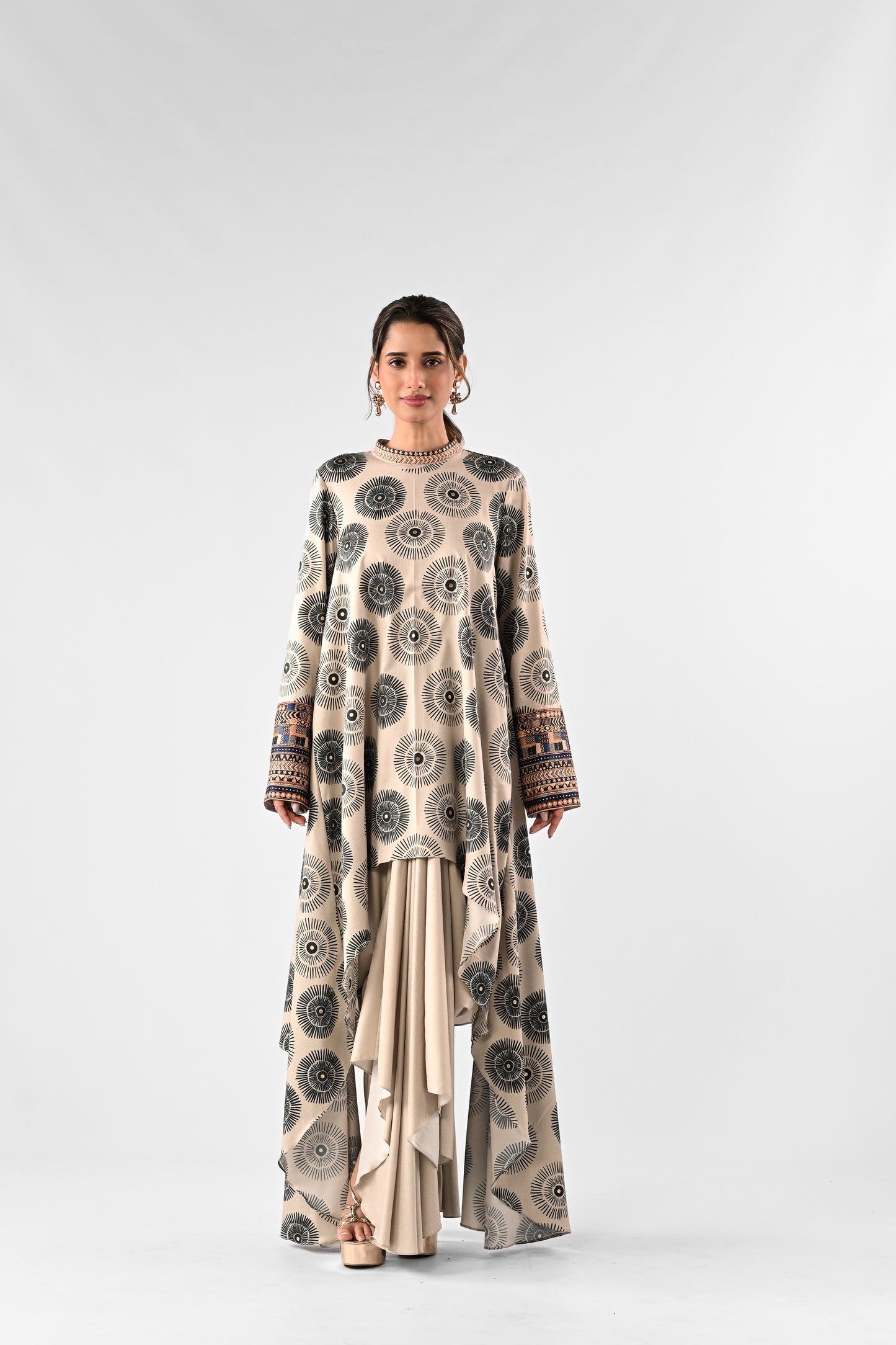 Printed High-Low Top with Draped Skirt Set