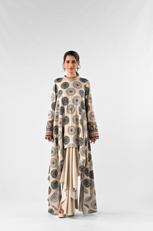 Printed High-Low Top with Draped Skirt Set