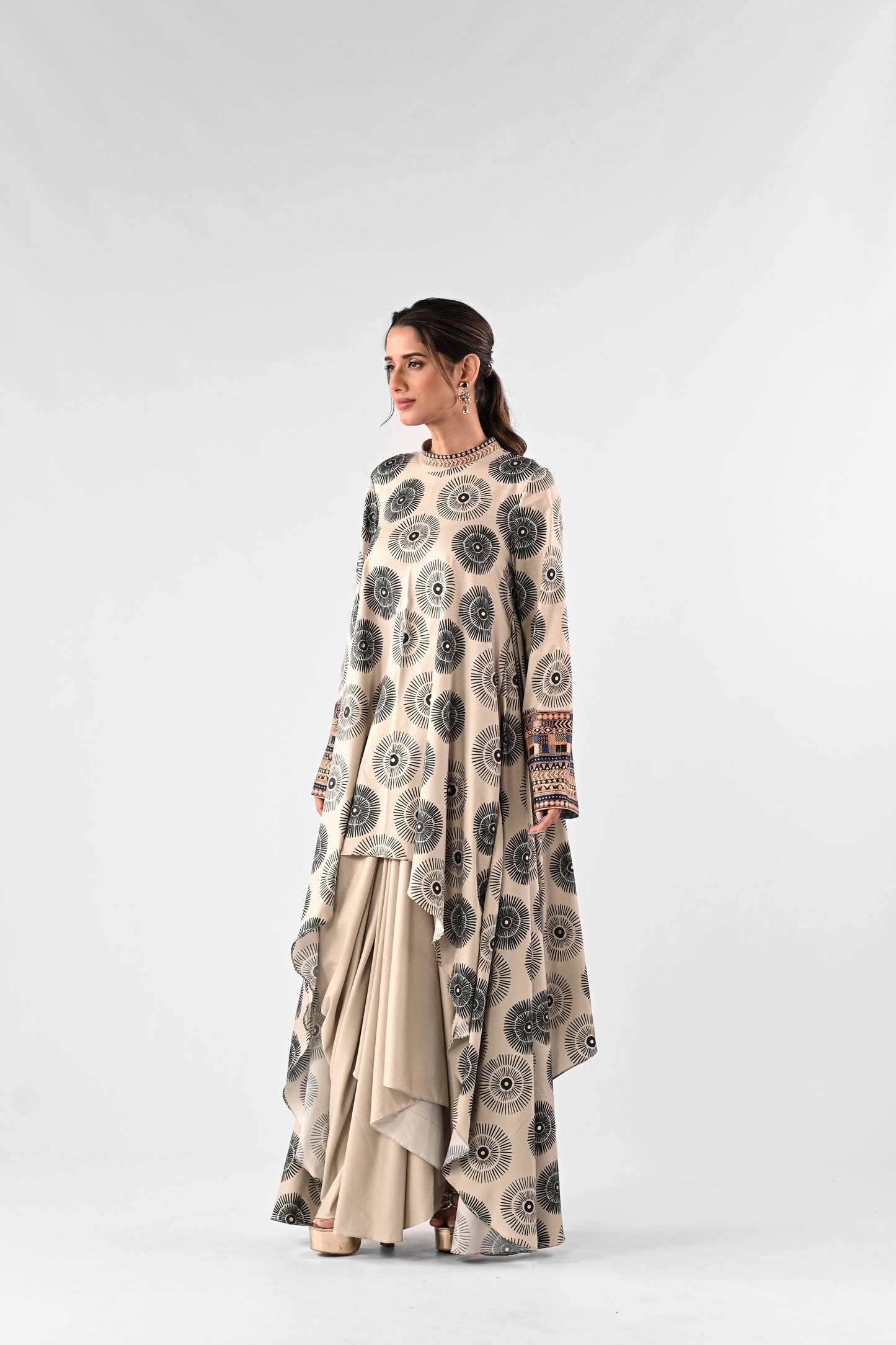 Printed High-Low Top with Draped Skirt Set