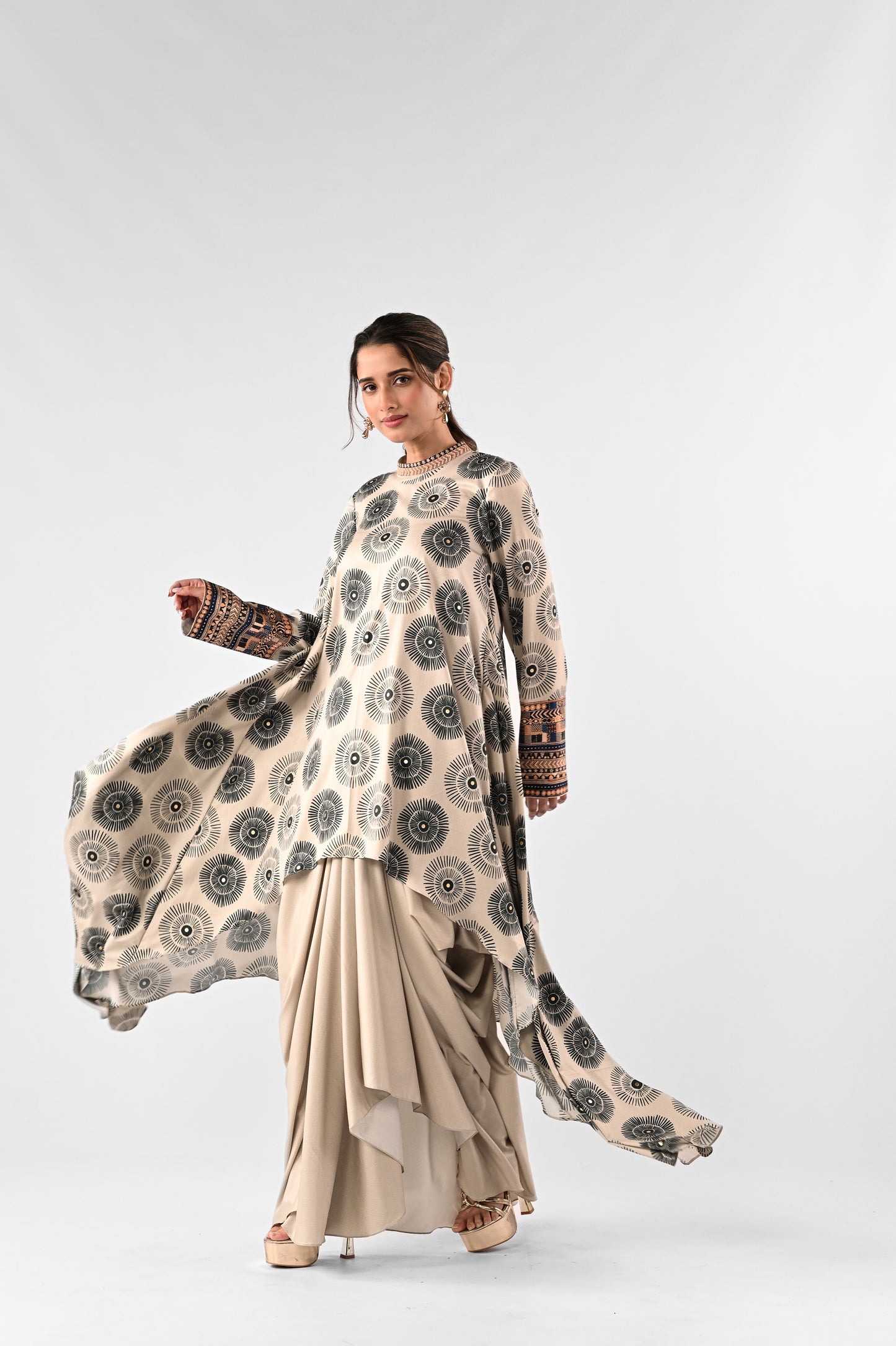 Printed High-Low Top with Draped Skirt Set